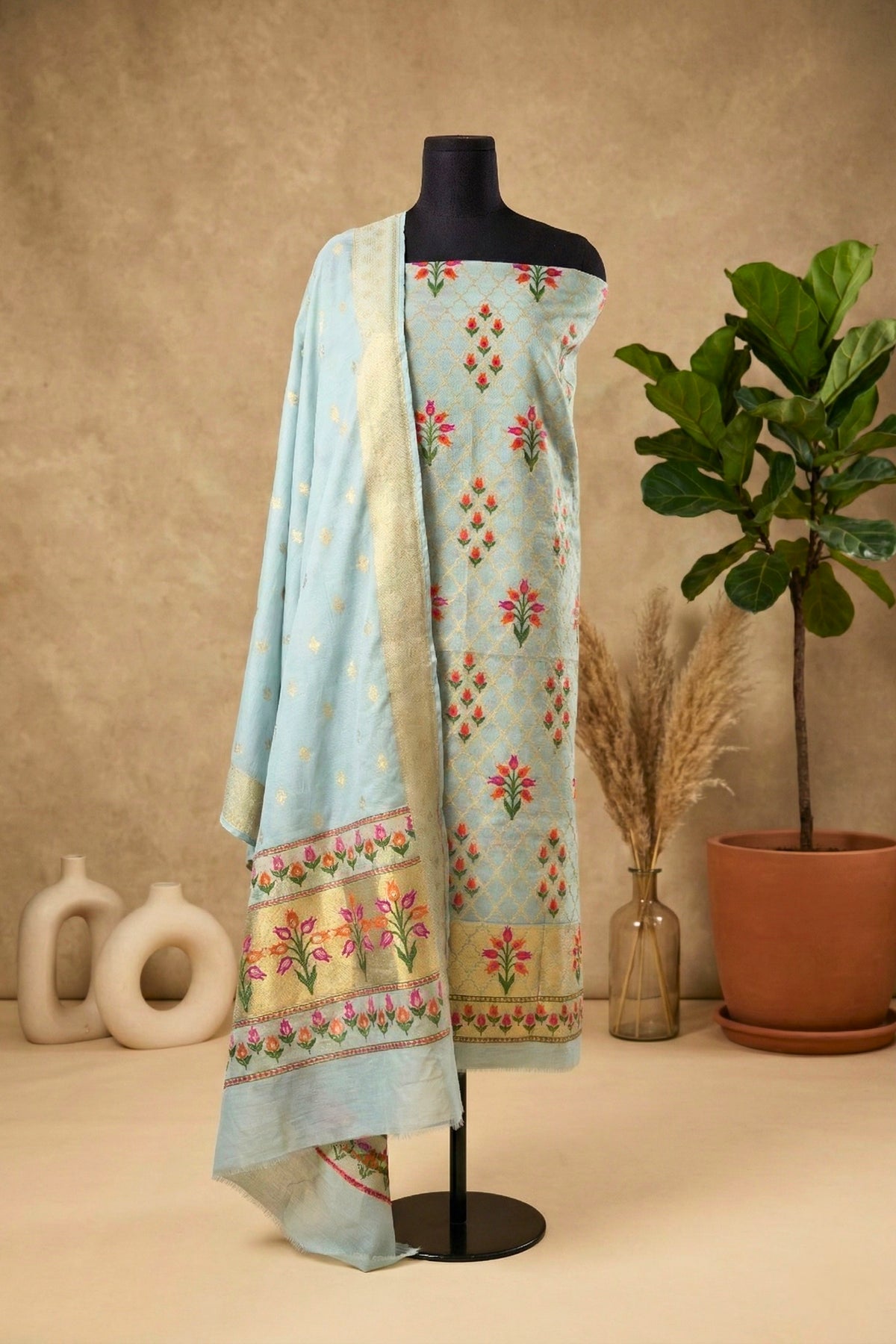 Icy Blue Chanderi Silk Resham Weave Unstitched Suit Set