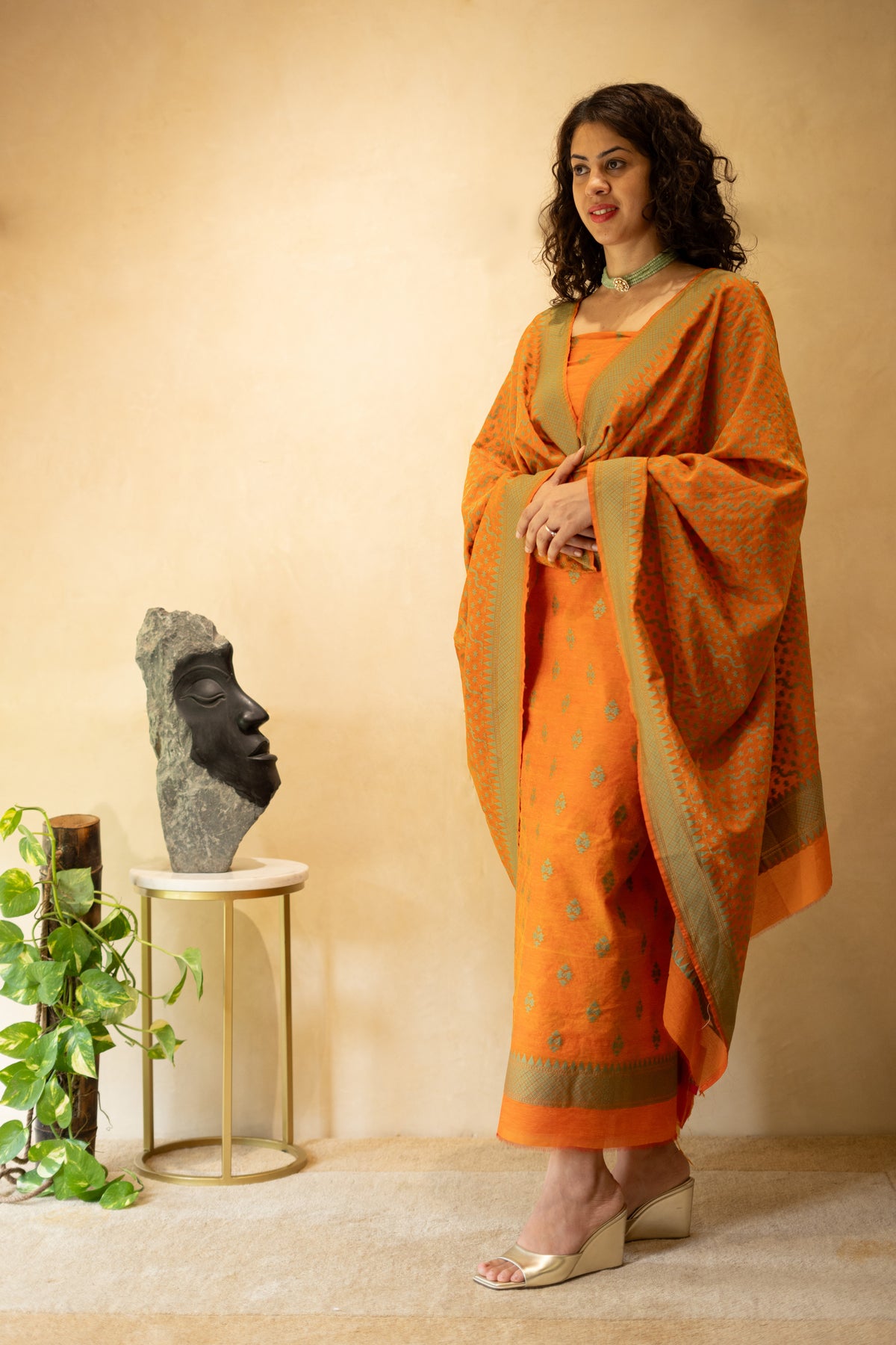 Rust Orange Handloom Chanderi Unstitched Suit Set with Woven Dupatta