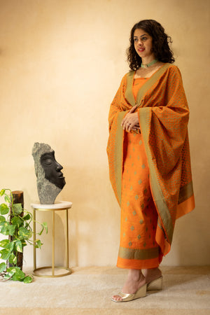 Rust Orange Handloom Chanderi Unstitched Suit Set with Woven Dupatta