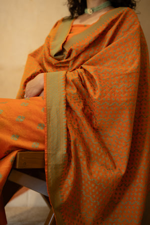 Rust Orange Handloom Chanderi Unstitched Suit Set with Woven Dupatta