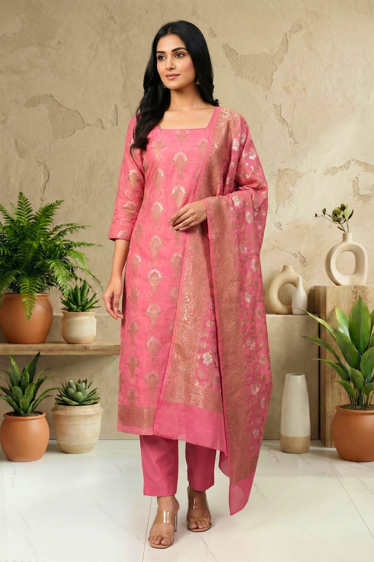 Fuscia Pink Suit in Chanderi Cloth with Gold Resham