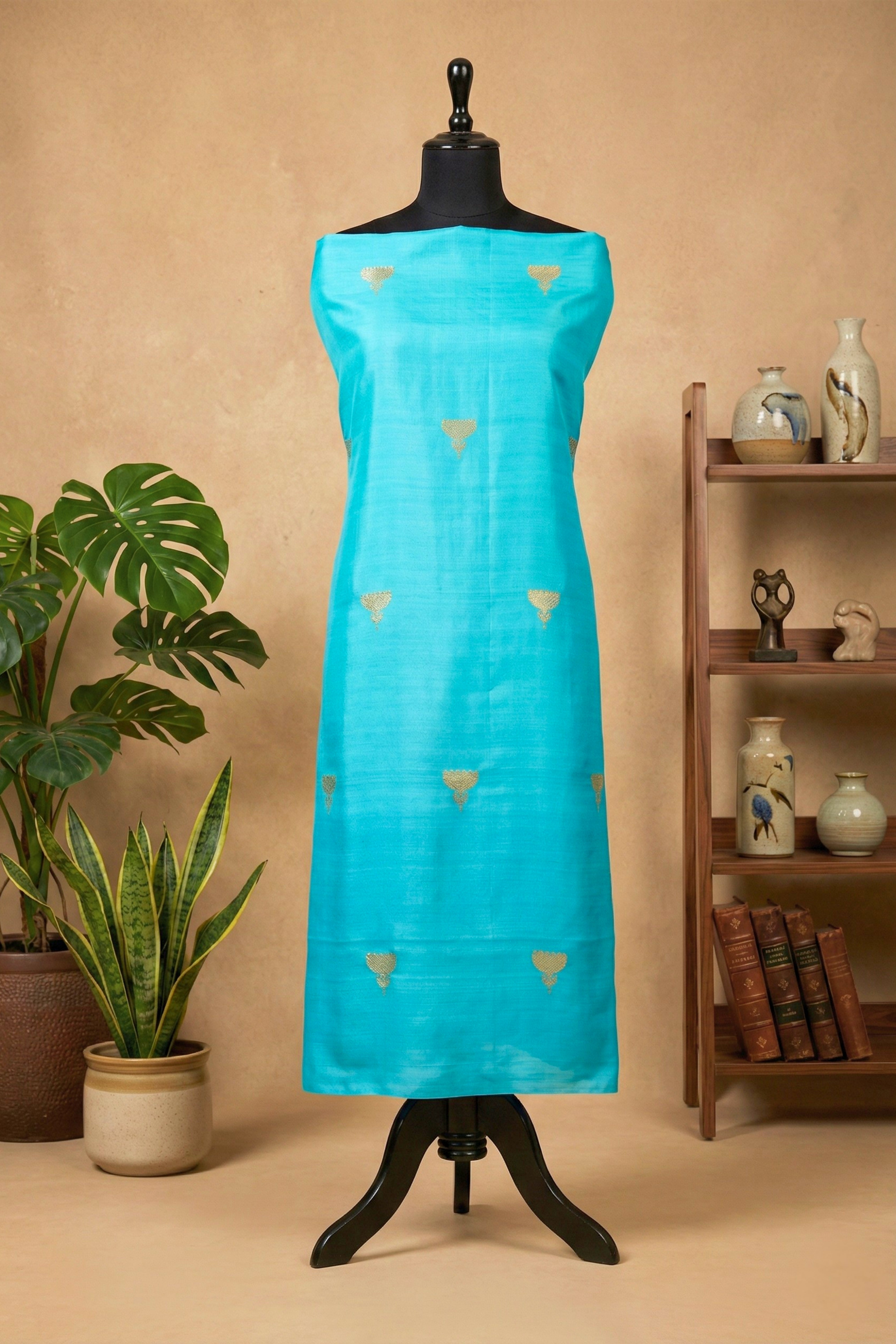 Vibrant Turquoise Banarasi Chiniya Silk Unstitched Suit Material