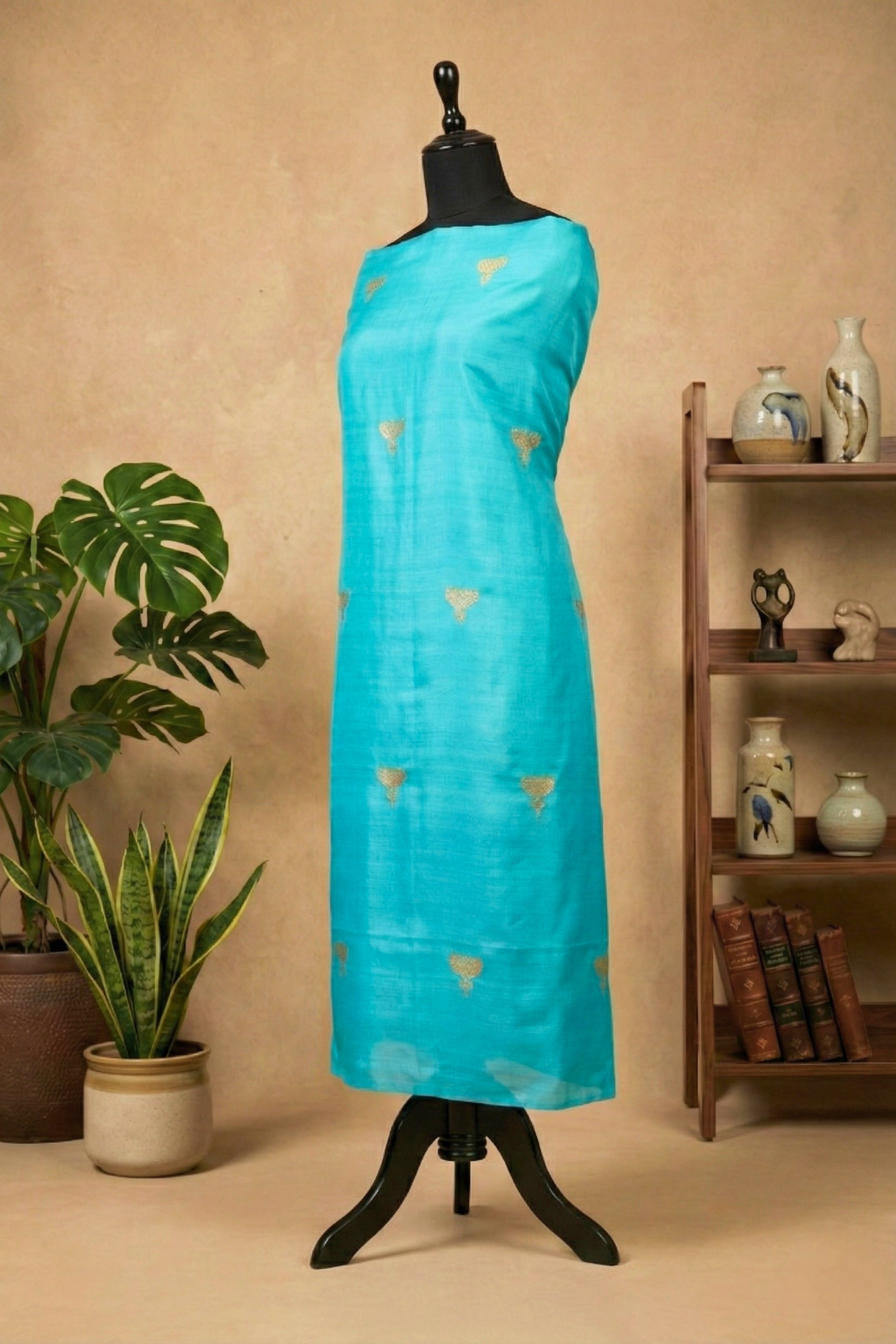 Vibrant Turquoise Banarasi Chiniya Silk Unstitched Suit Material