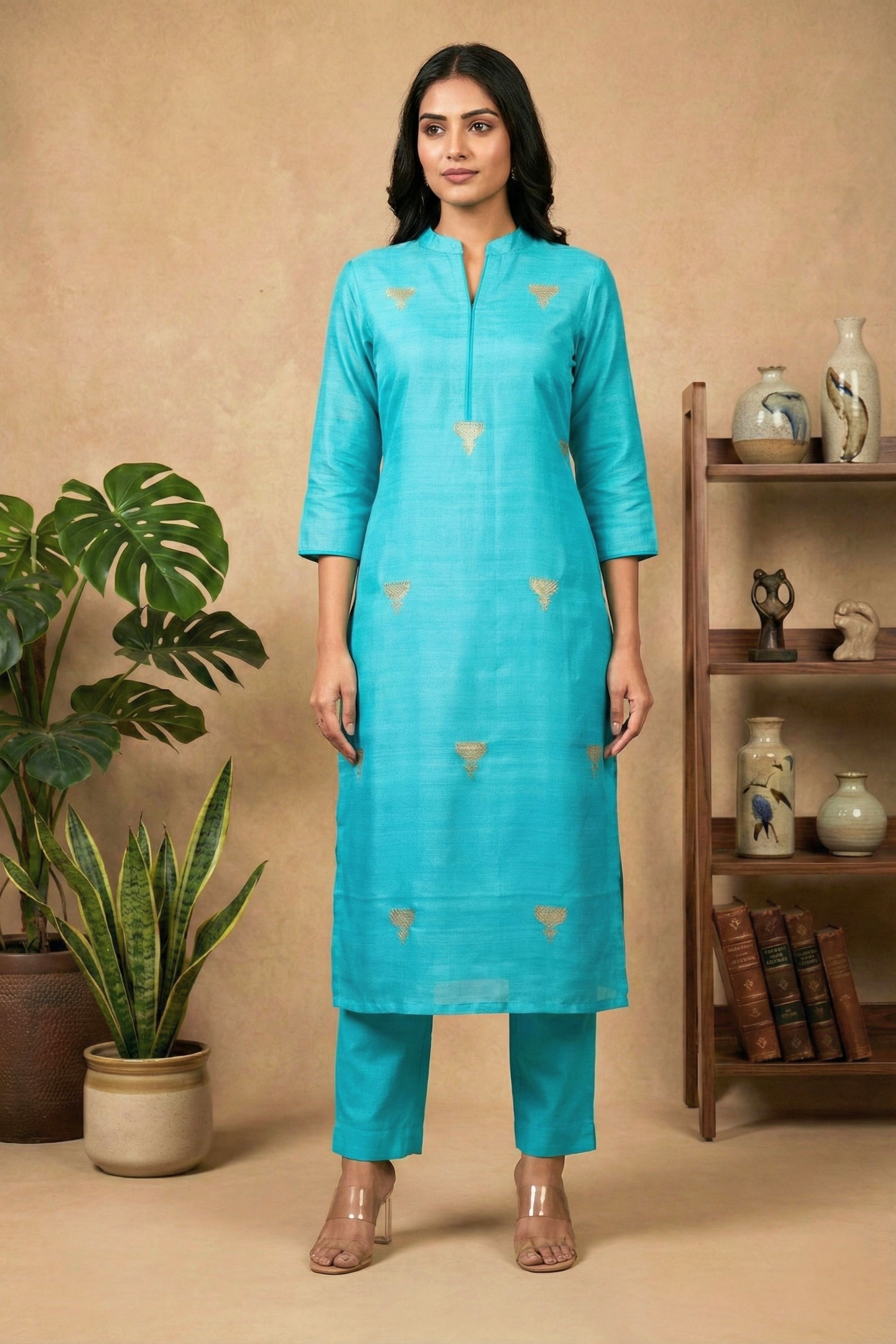 Vibrant Turquoise Banarasi Chiniya Silk Unstitched Suit Material