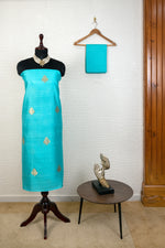 Elegant Turquoise Banarasi Soft Chiniya Silk Unstitched Suit Material