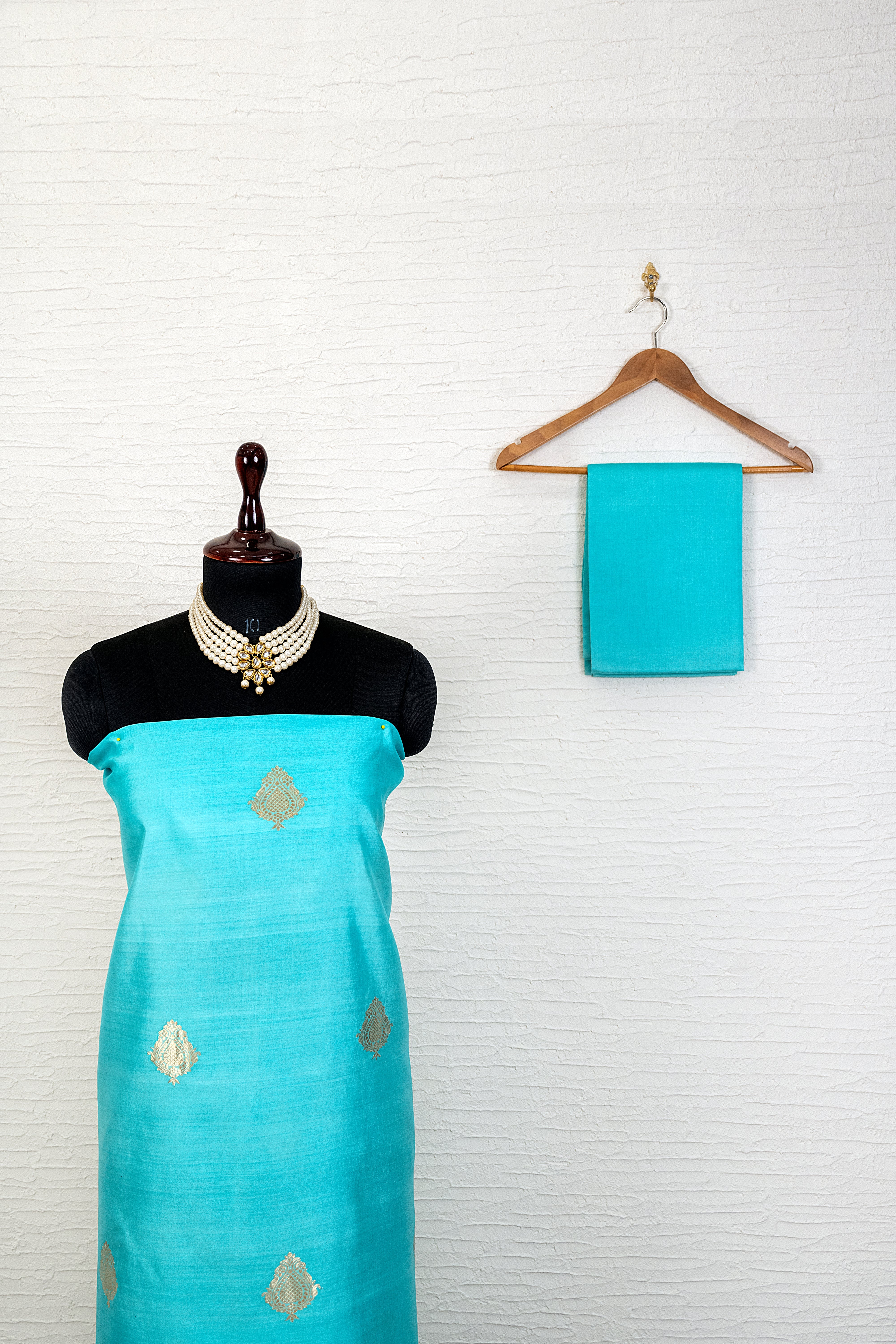 Elegant Turquoise Banarasi Soft Chiniya Silk Unstitched Suit Material