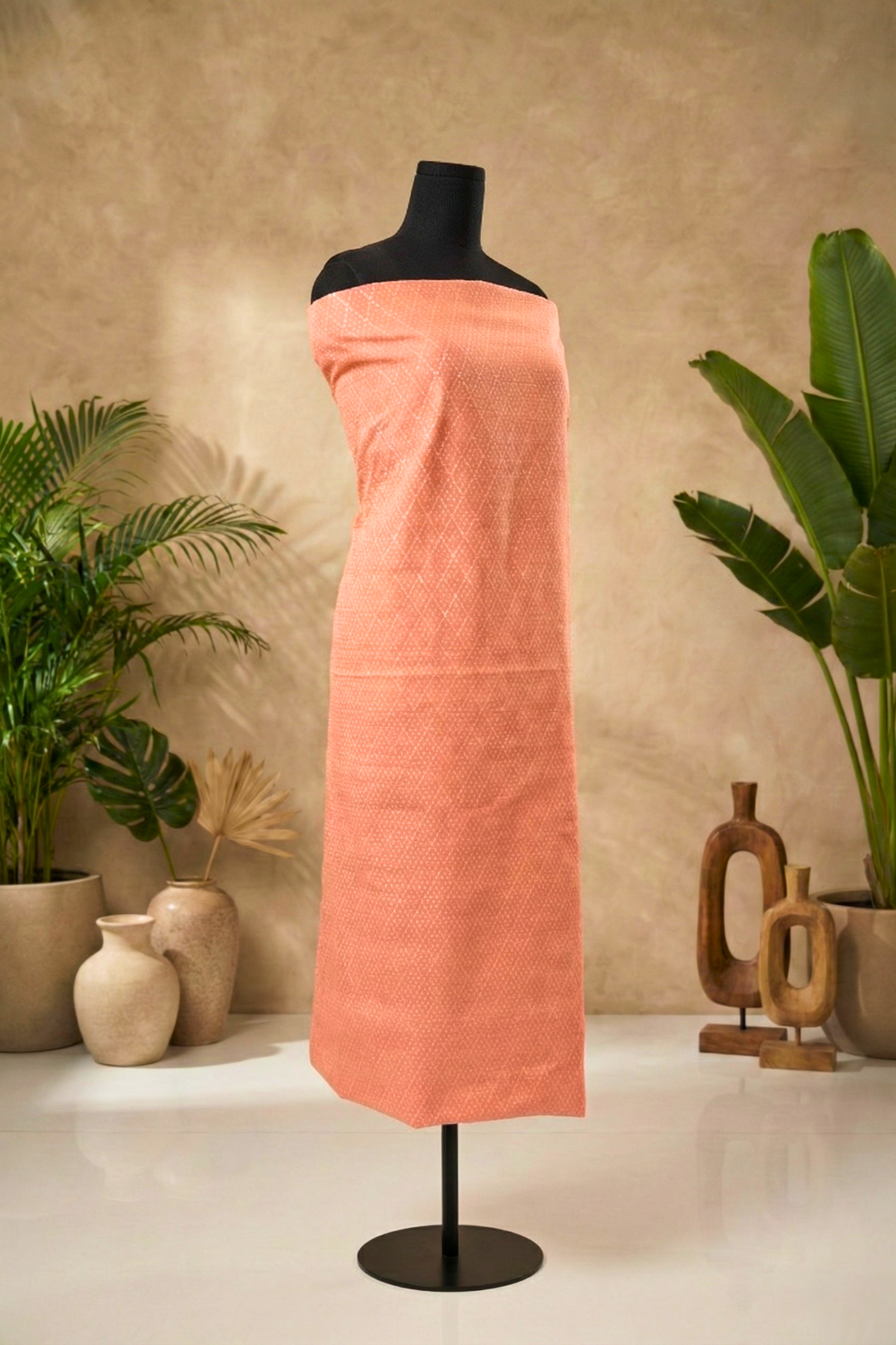 Elegant Peach Chanderi Unstitched Suit Set