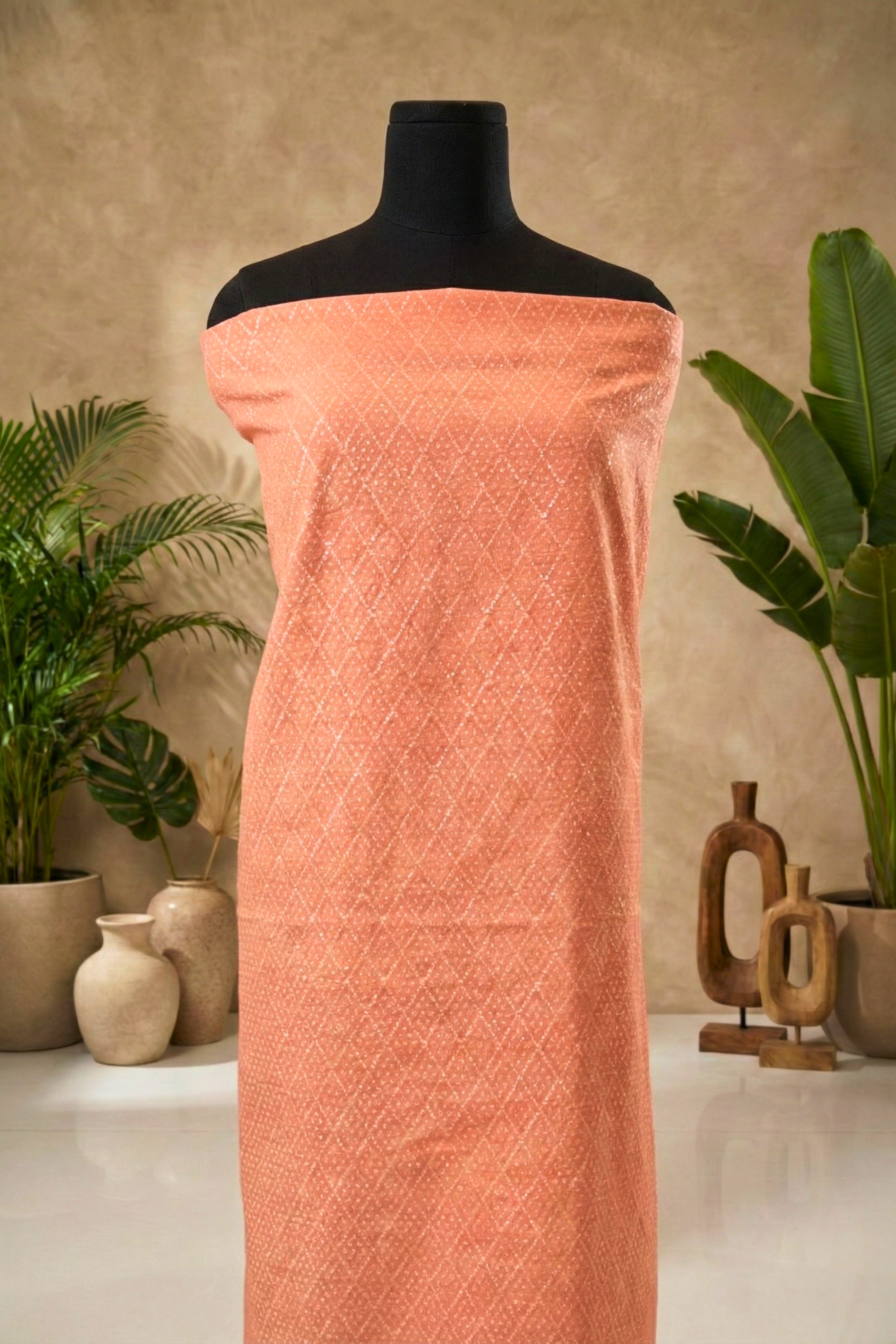 Elegant Peach Chanderi Unstitched Suit Set