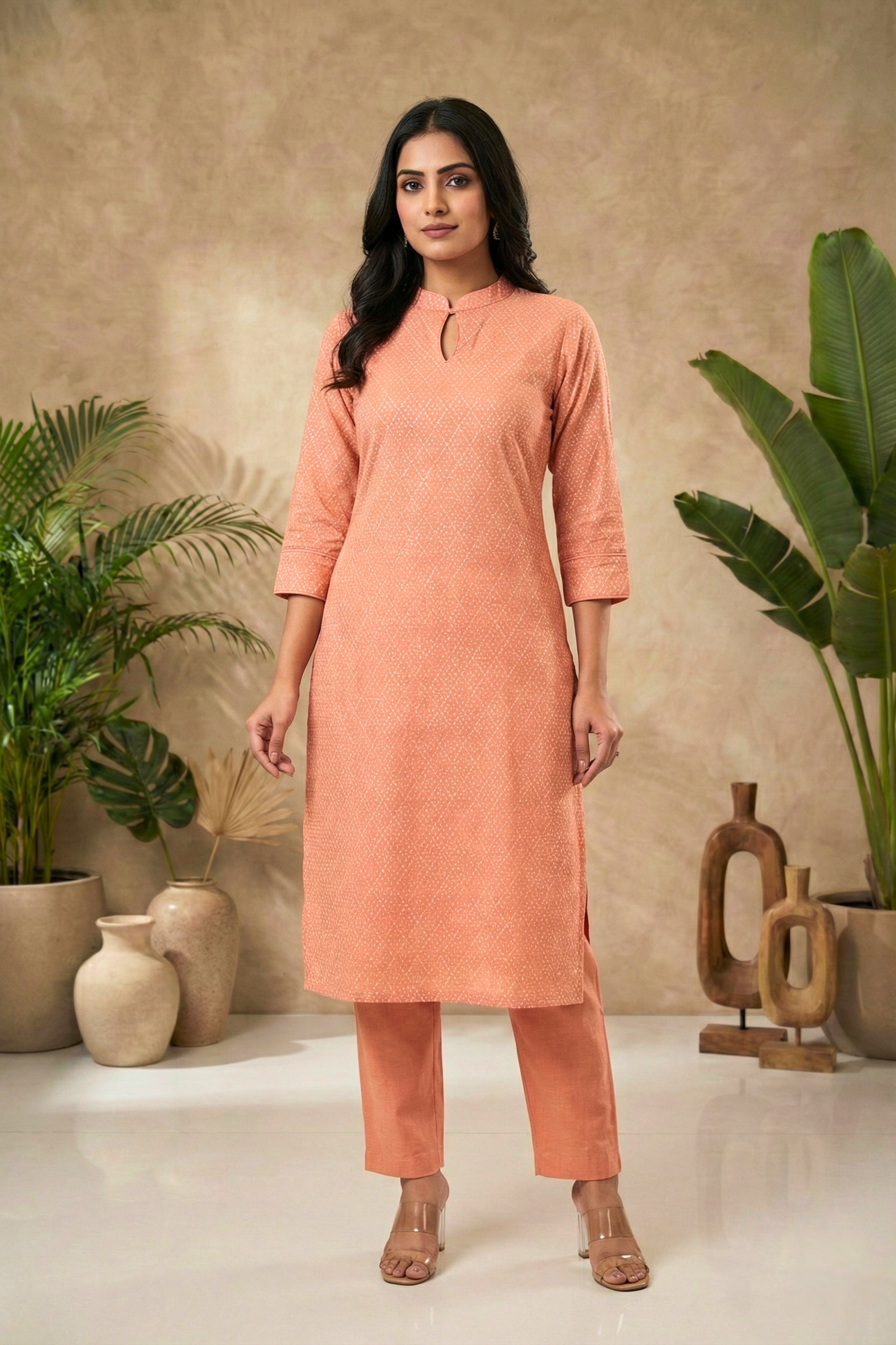 Elegant Peach Chanderi Unstitched Suit Set