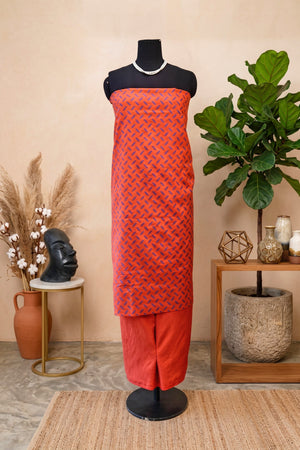 Rust Orange & Blue Chanderi Unstitched Dress Material