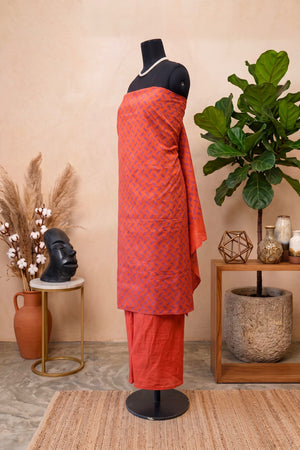 Rust Orange & Blue Chanderi Unstitched Dress Material