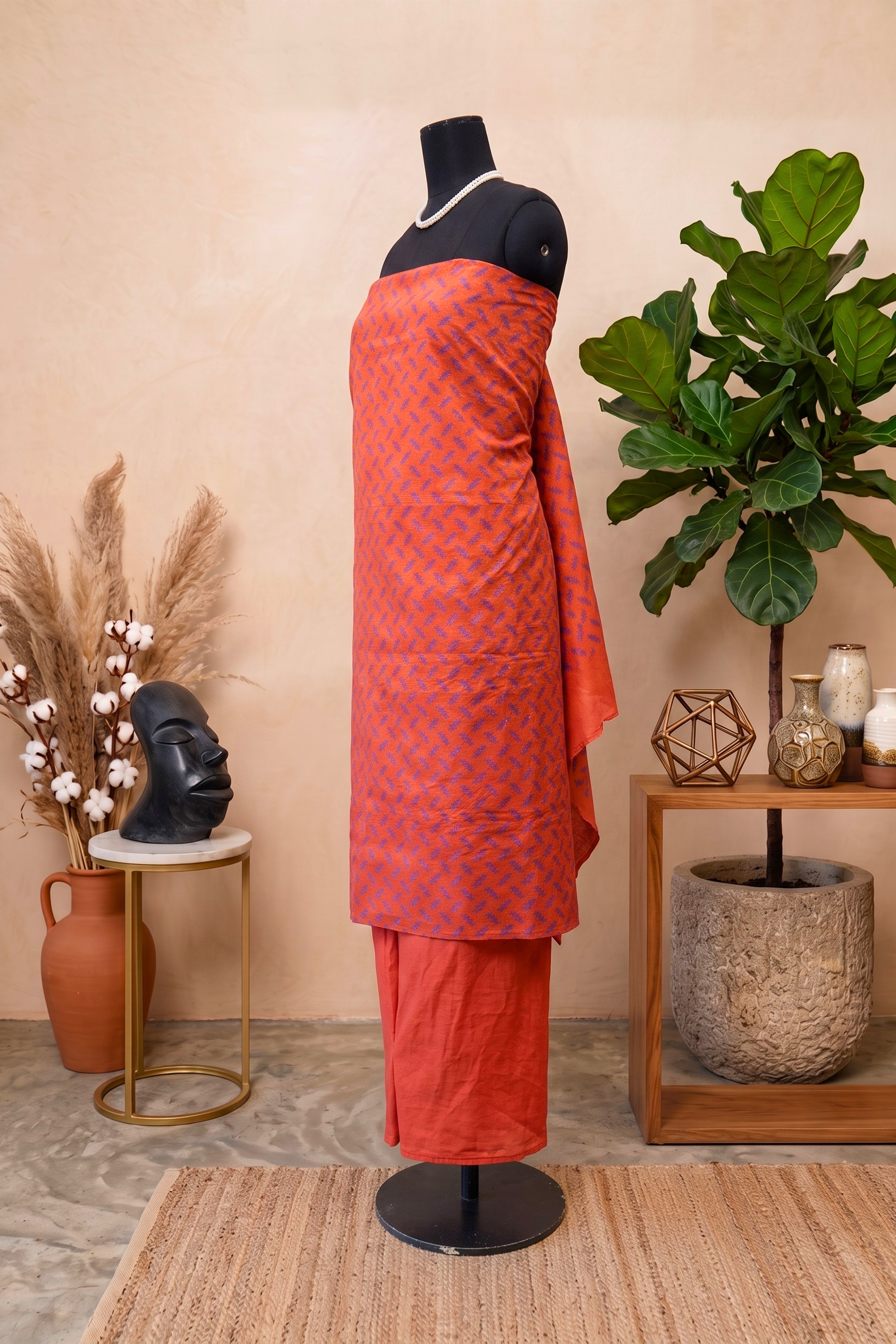 Rust Orange & Blue Chanderi Unstitched Dress Material