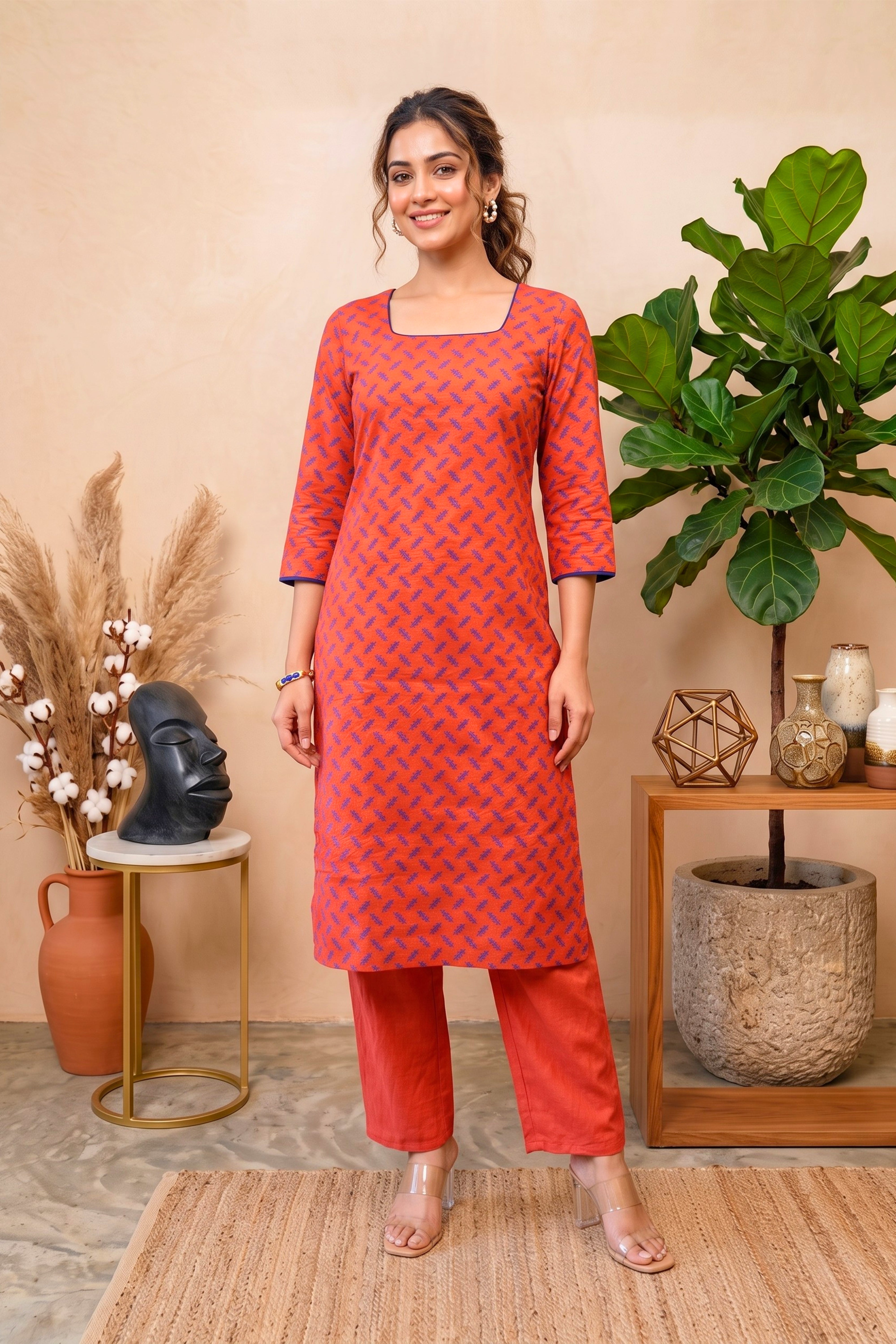 Rust Orange & Blue Chanderi Unstitched Dress Material