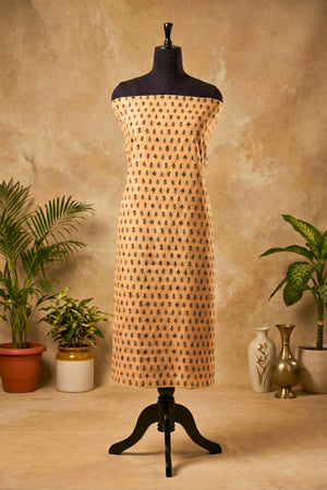 Earthy Beige & Black Botanical Print Chanderi Unstitched Dress Material