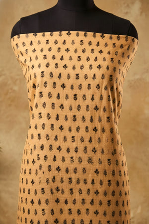 Earthy Beige & Black Botanical Print Chanderi Unstitched Dress Material