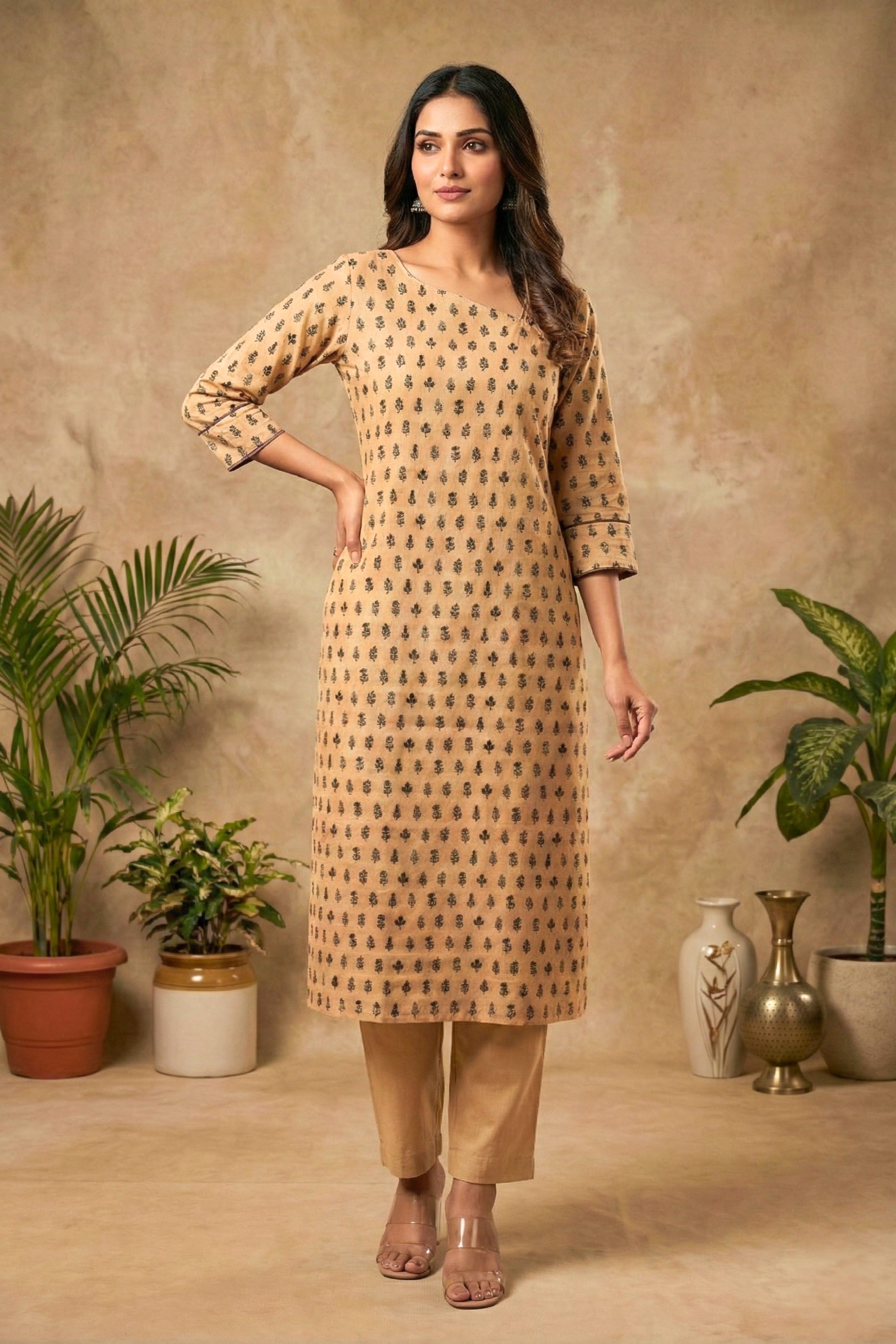 Earthy Beige & Black Botanical Print Chanderi Unstitched Dress Material