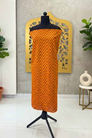 Vibrant Orange & Black Chevron Print Chanderi Unstitched Dress Material