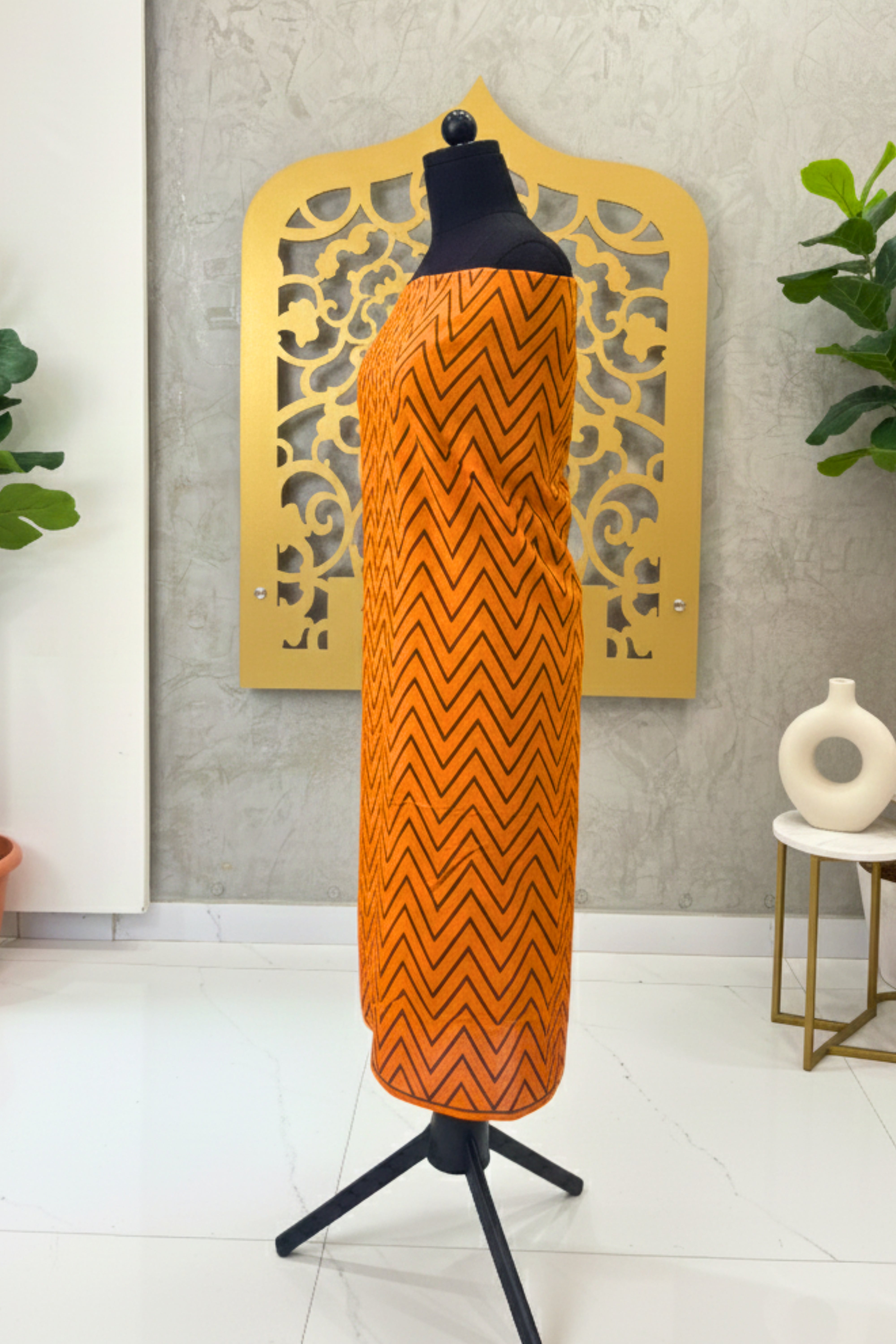 Vibrant Orange & Black Chevron Print Chanderi Unstitched Dress Material