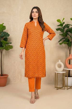 Vibrant Orange & Black Chevron Print Chanderi Unstitched Dress Material