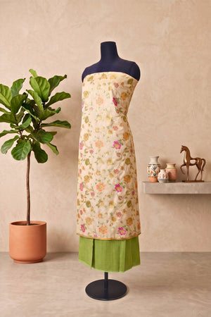 Beige Floral Silk Banarasi Resham Weave Unstitched Suit Material