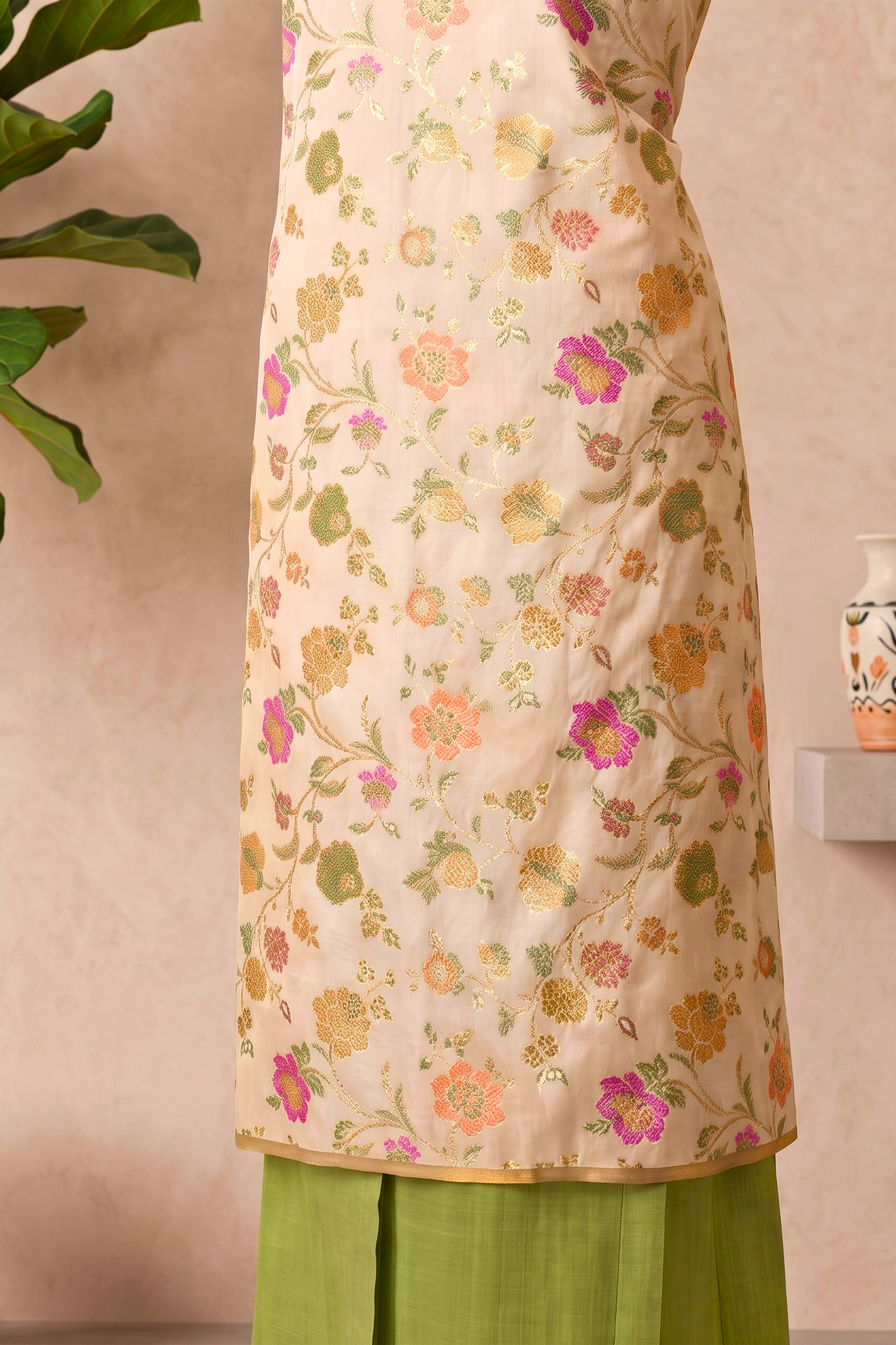 Beige Floral Silk Banarasi Resham Weave Unstitched Suit Material