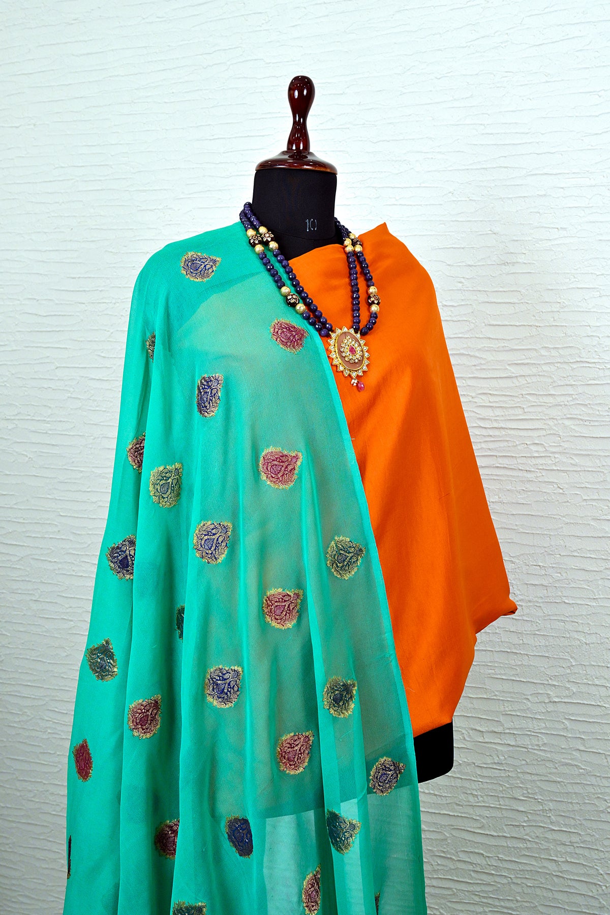 Orange Banarasi Suit Set with Teal Green Chiffon Dupatta
