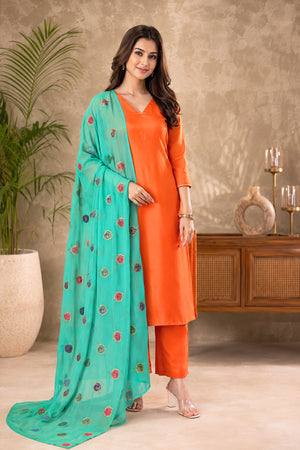Orange Banarasi Suit Set with Teal Green Chiffon Dupatta