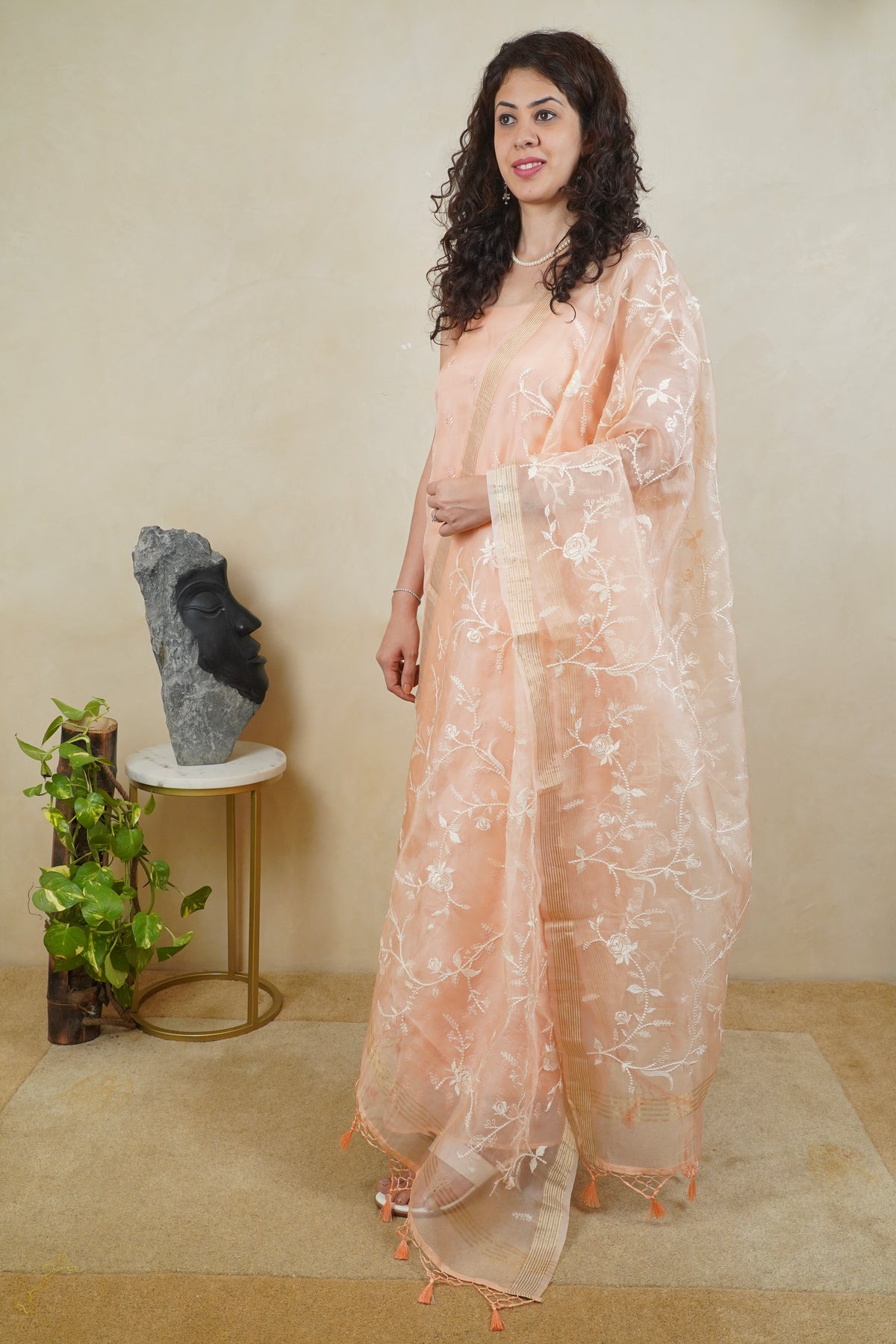 Peach Floral Embroidered Organza Unstitched Suit Set