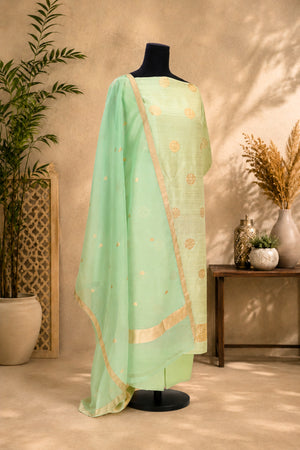 Mint Green Banarasi Soft Raw Silk Unstitched Suit Set with Organza Dupatta