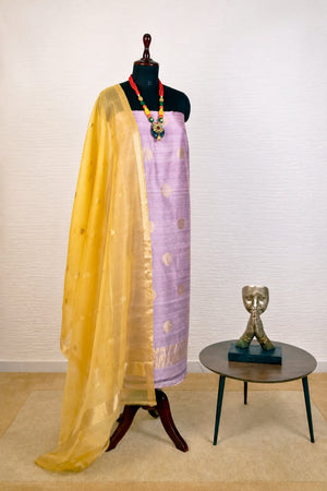 Lavender Banarasi Soft Raw Silk Unstitched Suit Set with Pale Yellow Organza Dupatta