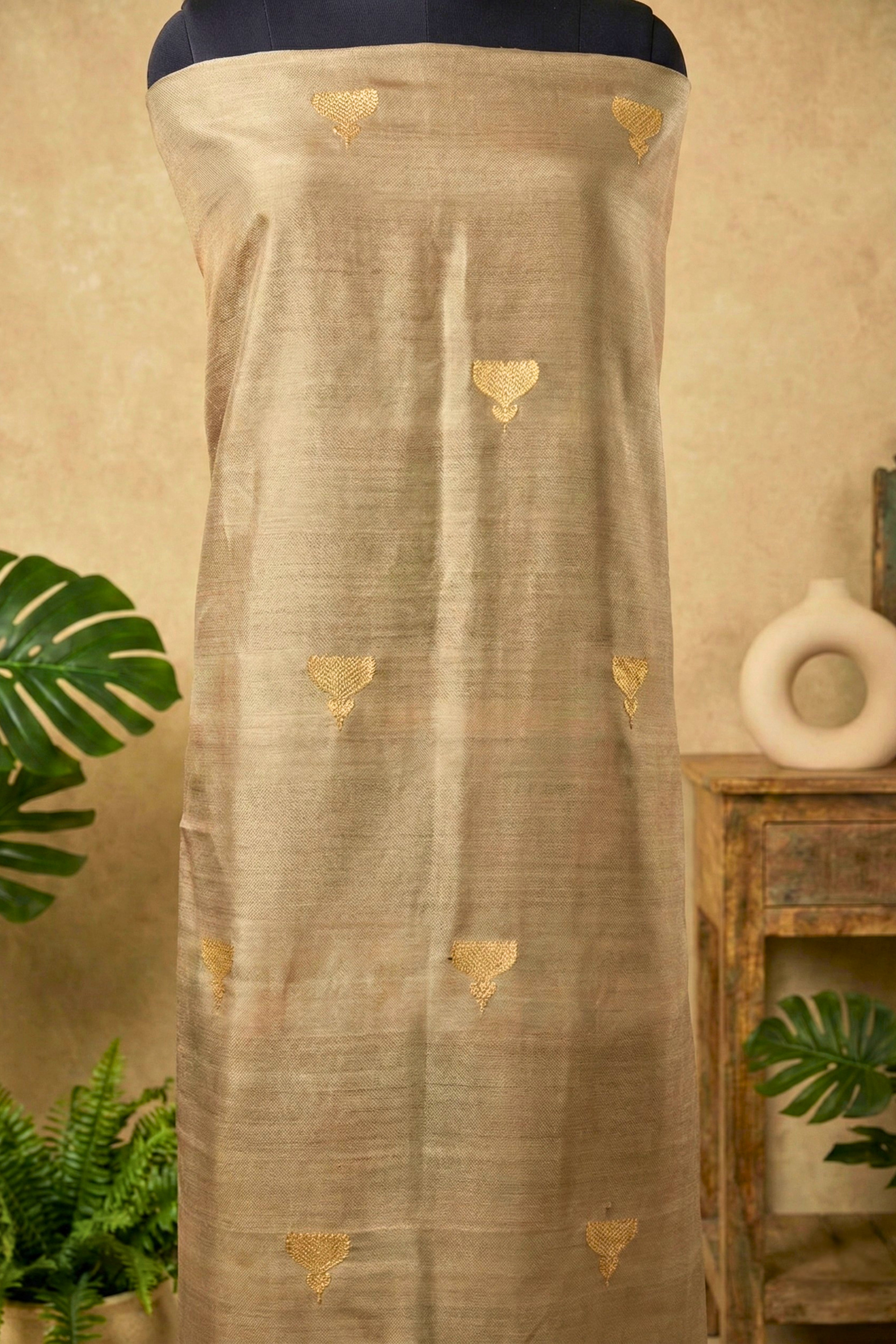 Elegant Champagne Beige Banarasi Chiniya Silk Unstitched Suit Material