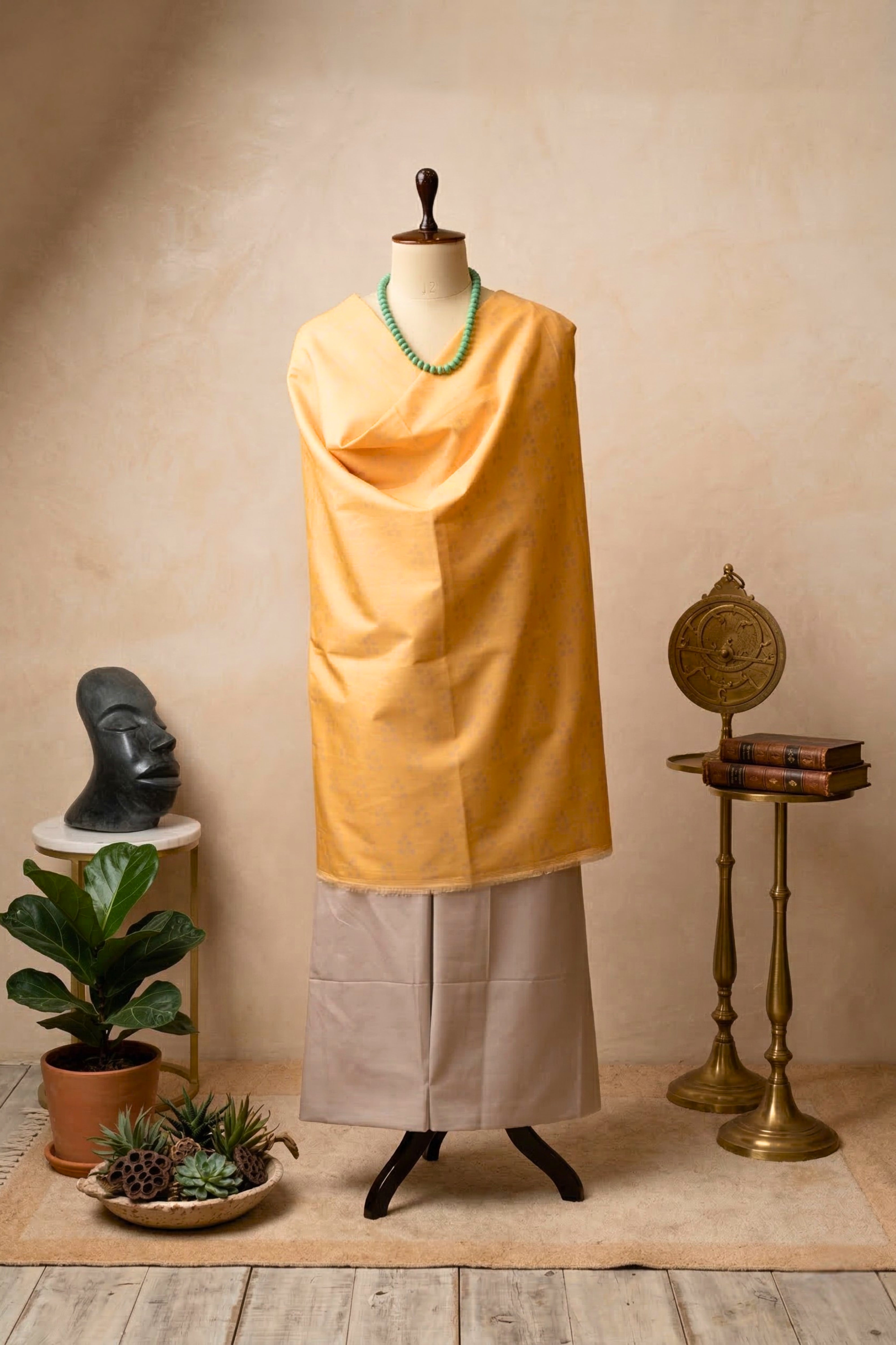 Elegant Soft Yellow & Taupe Swiss Cotton Unstitched Material