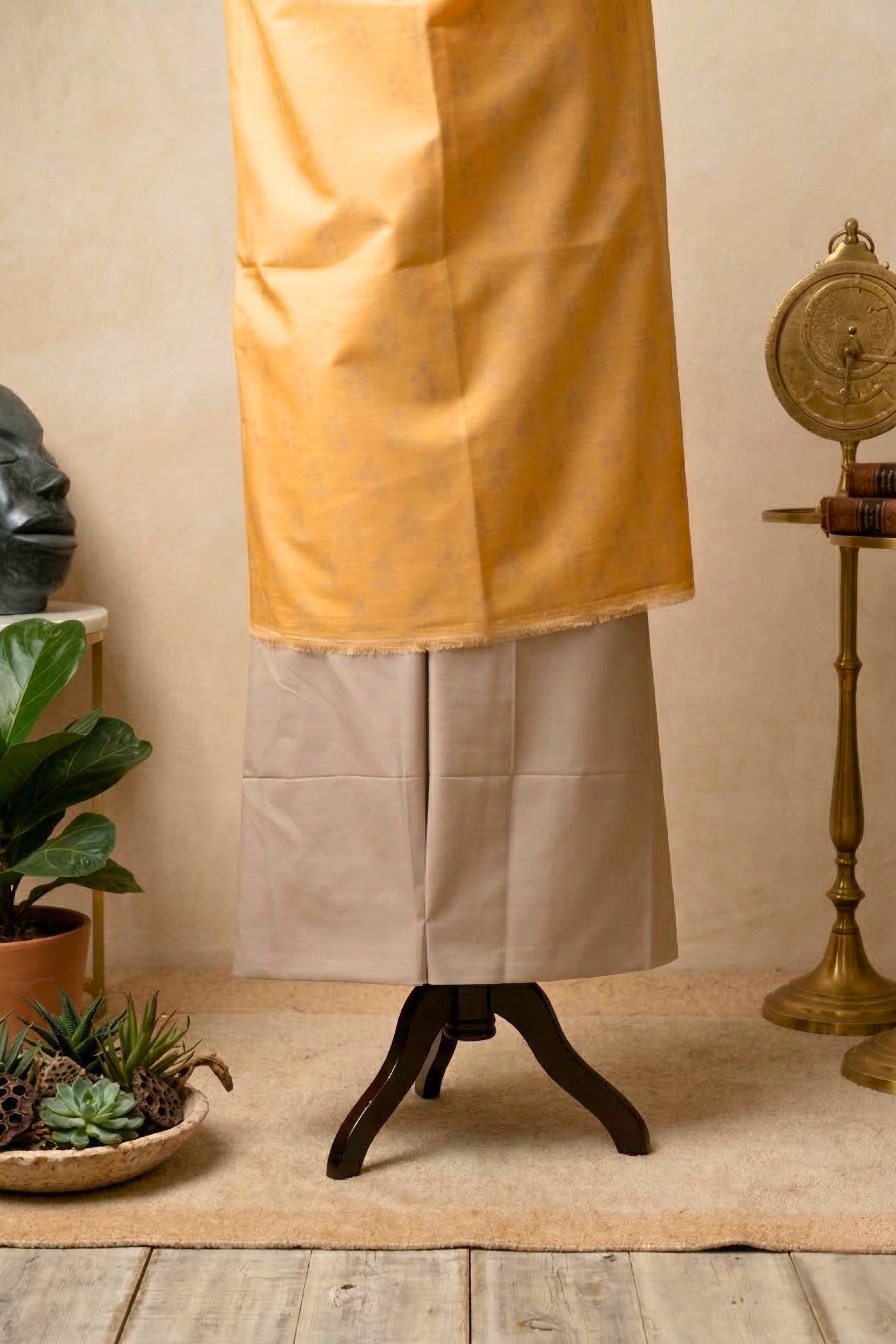 Elegant Soft Yellow & Taupe Swiss Cotton Unstitched Material