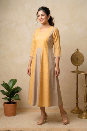 Elegant Soft Yellow & Taupe Swiss Cotton Unstitched Material