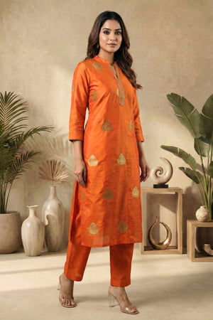 Radiant Orange Pure Banarasi Silk Unstitched Kurta Material