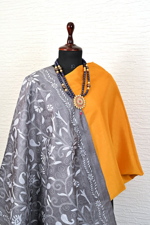 Mustard Yellow Silk Suit with Grey Kantha Dupatta