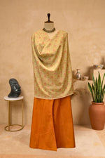 Pastel Olive Floral Muslin Chanderi & Rust Cotton Unstitched Palazzo Set