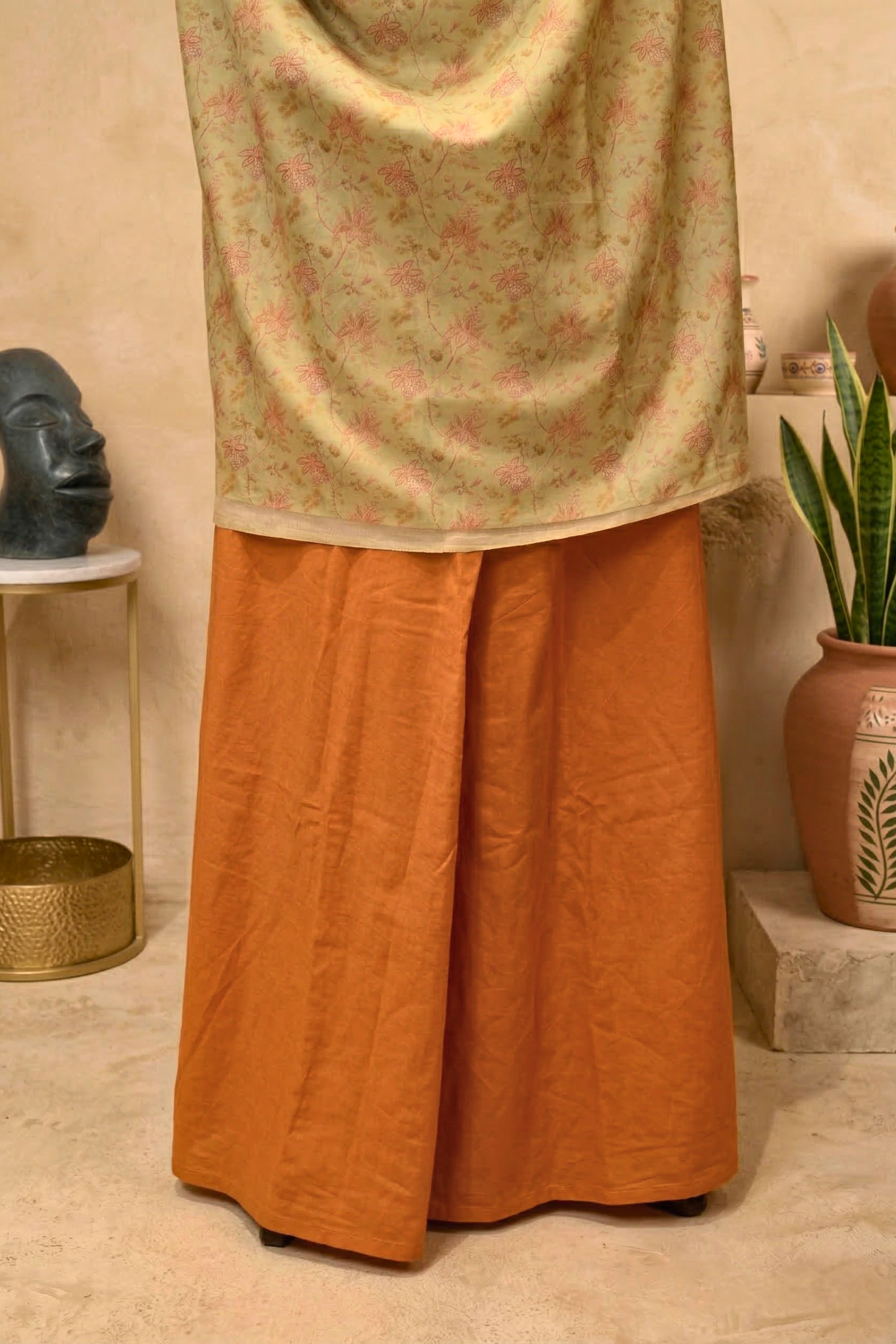 Pastel Olive Floral Muslin Chanderi & Rust Cotton Unstitched Palazzo Set