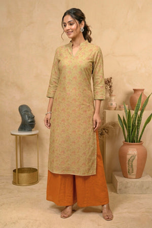 Pastel Olive Floral Muslin Chanderi & Rust Cotton Unstitched Palazzo Set