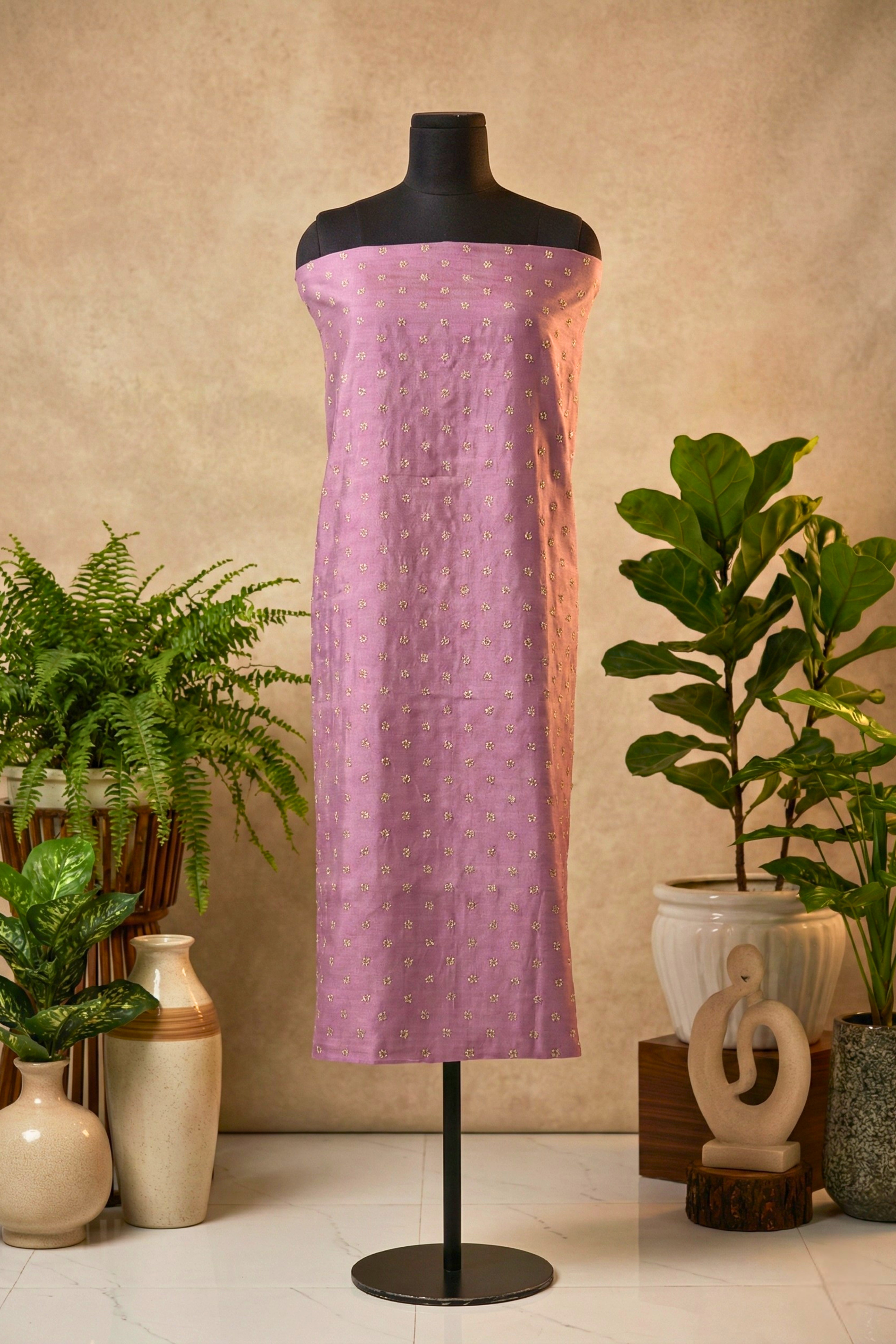 Elegant Mauve Pink Chanderi Silk Unstitched Suit Set