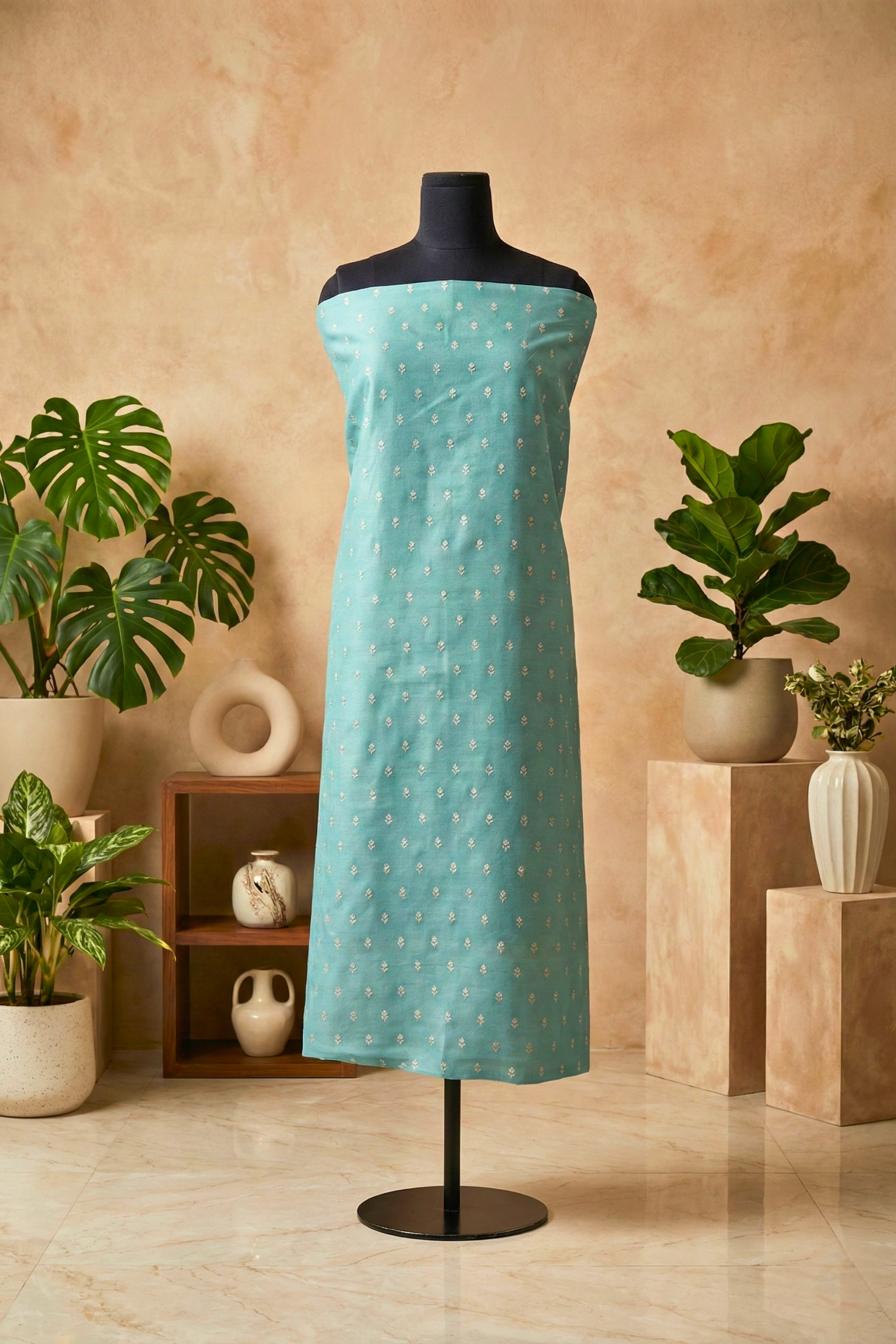 Refreshing Sea Green Chanderi Unstitched Suit Set