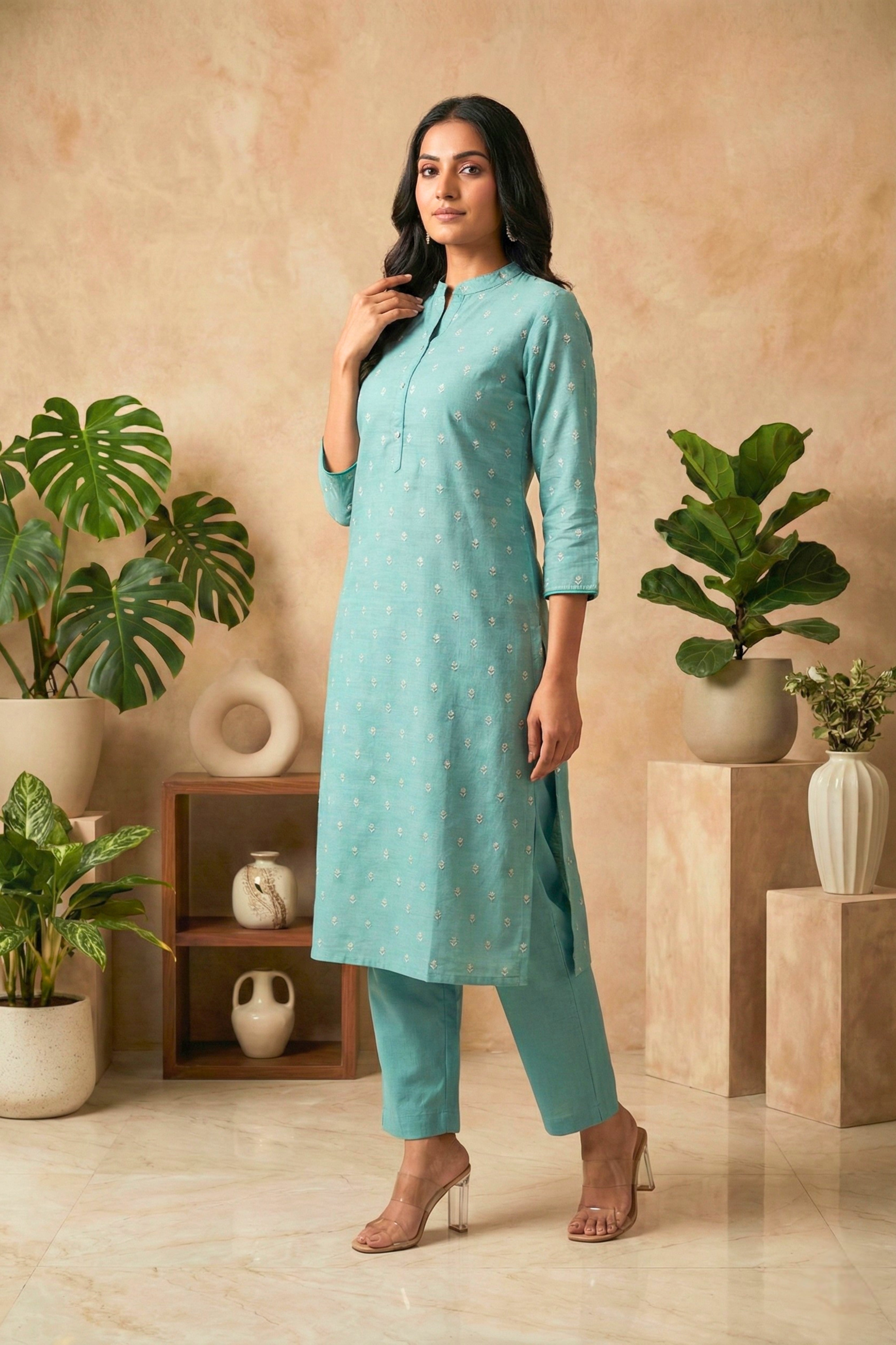 Refreshing Sea Green Chanderi Unstitched Suit Set