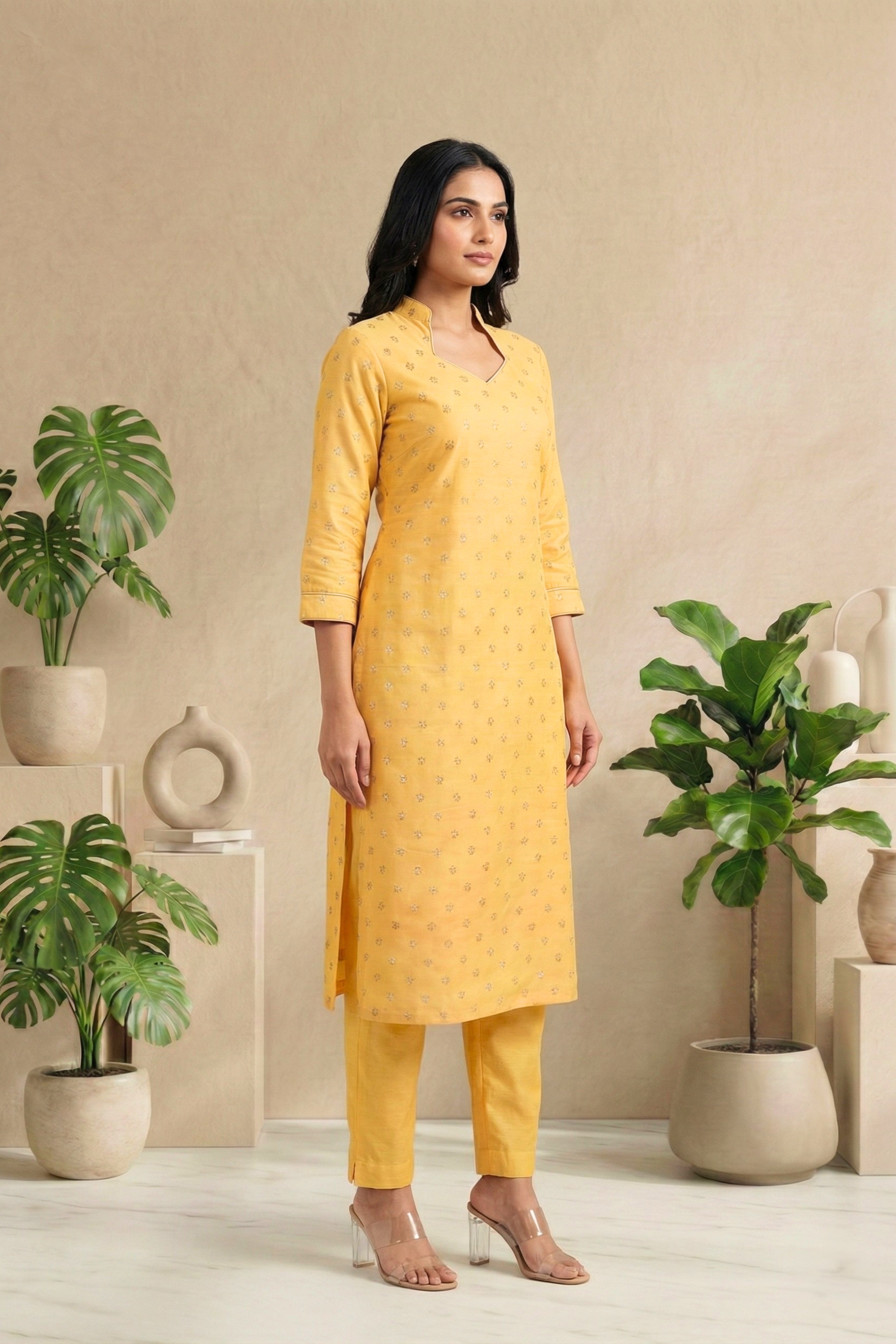 Cheerful Yellow Chanderi Unstitched Suit Set