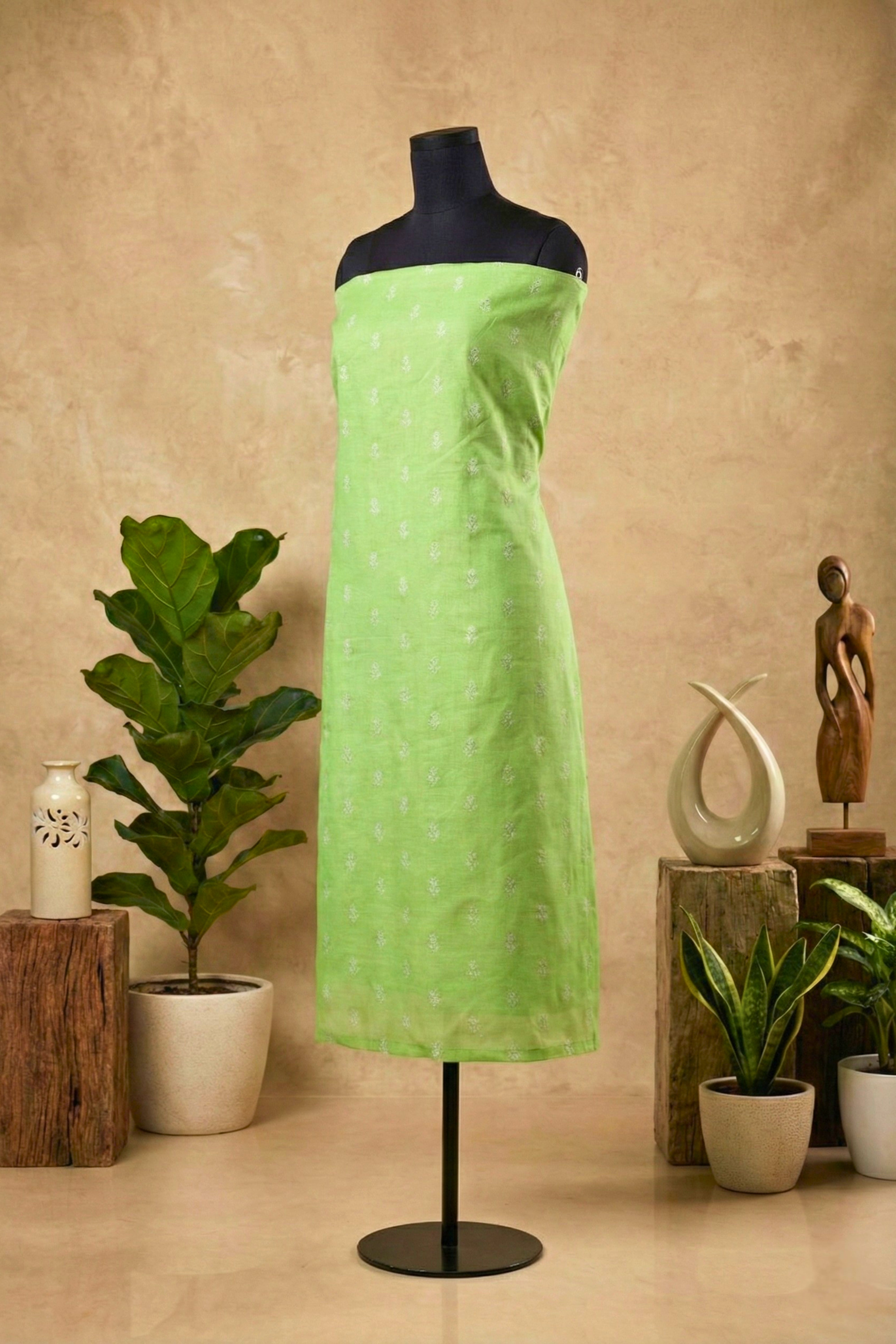 Refreshing Lime Green Chanderi Unstitched Suit Set