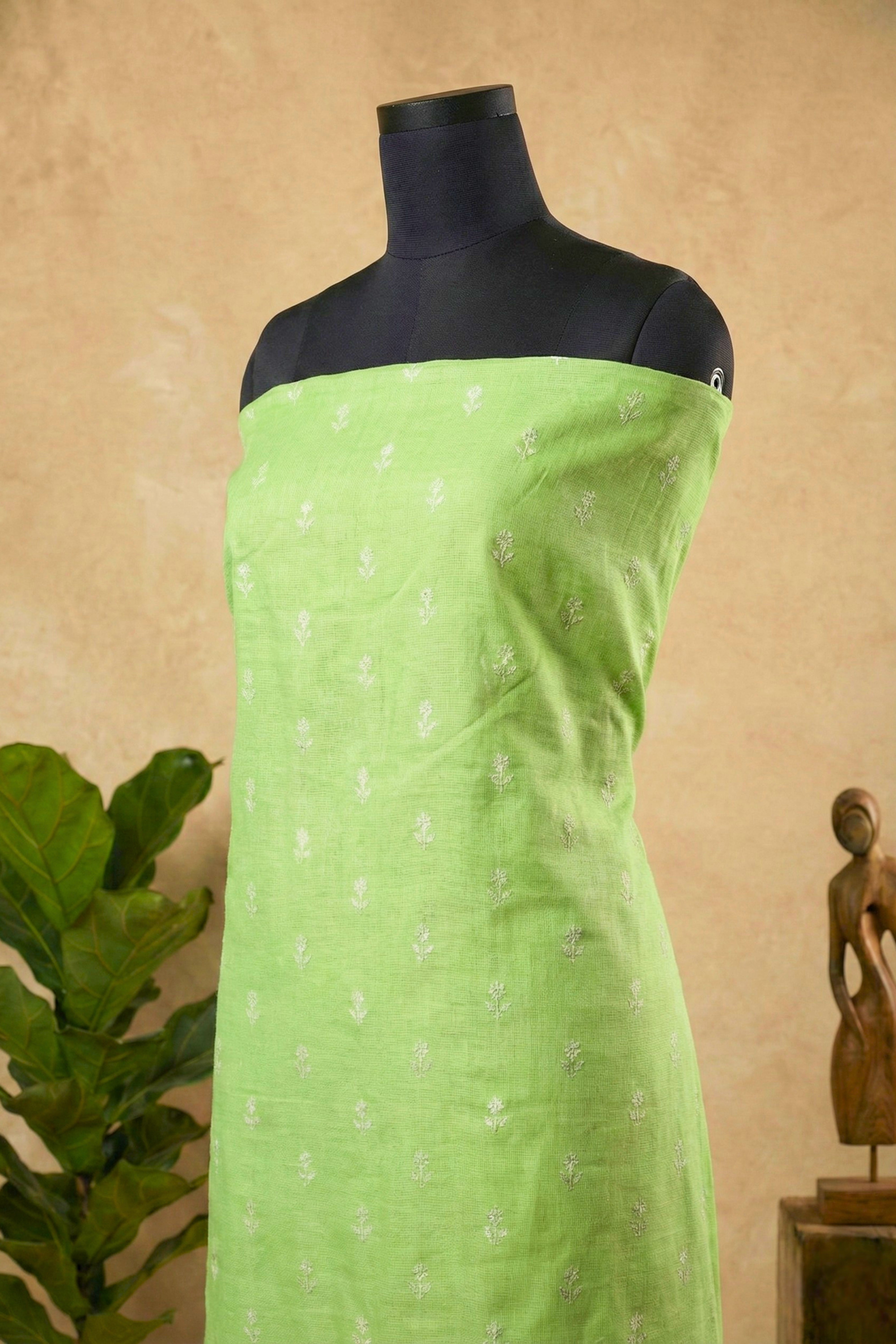 Refreshing Lime Green Chanderi Unstitched Suit Set