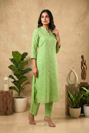 Refreshing Lime Green Chanderi Unstitched Suit Set