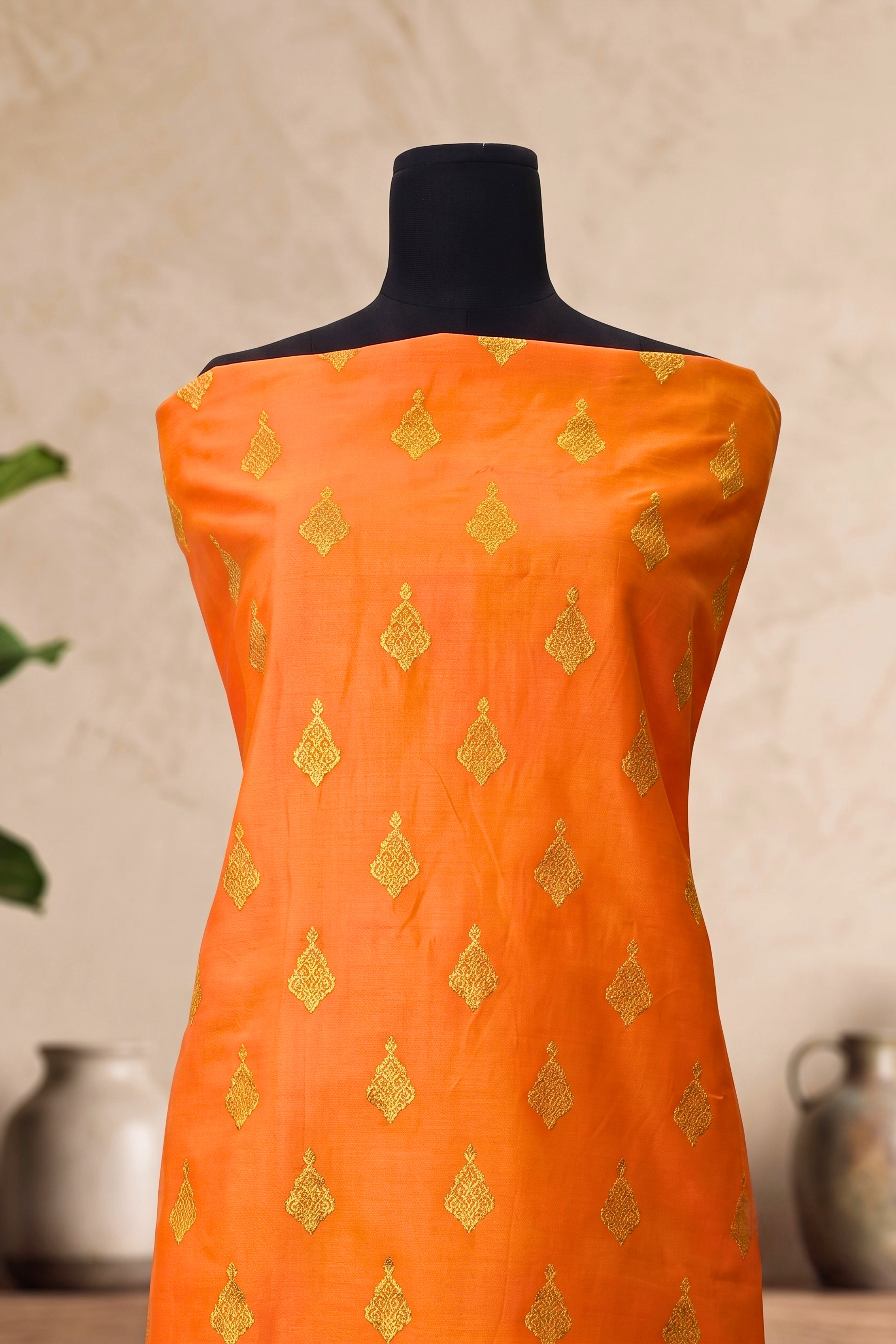 Vibrant Orange Chanderi Silk Unstitched Suit Set