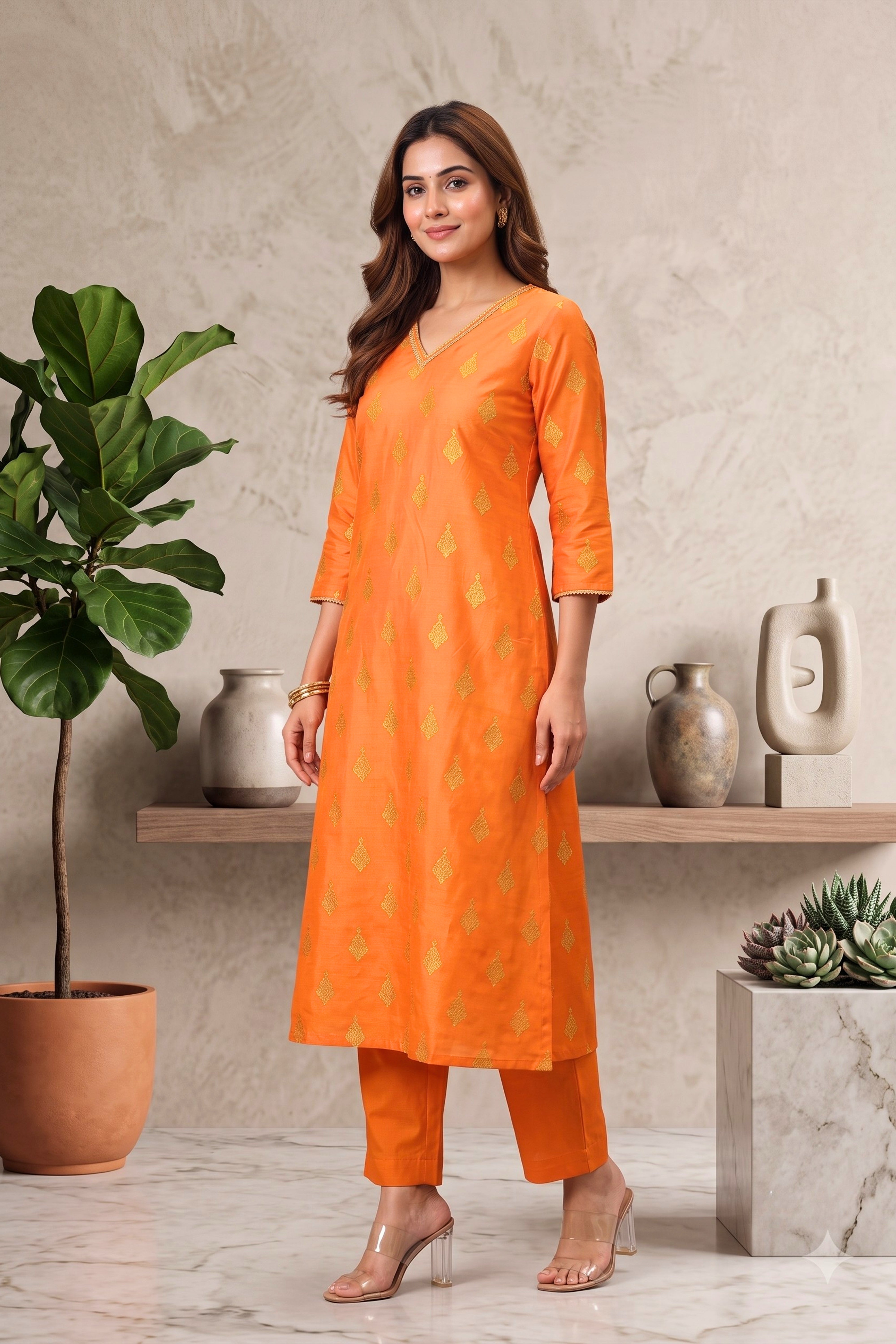 Vibrant Orange Chanderi Silk Unstitched Suit Set