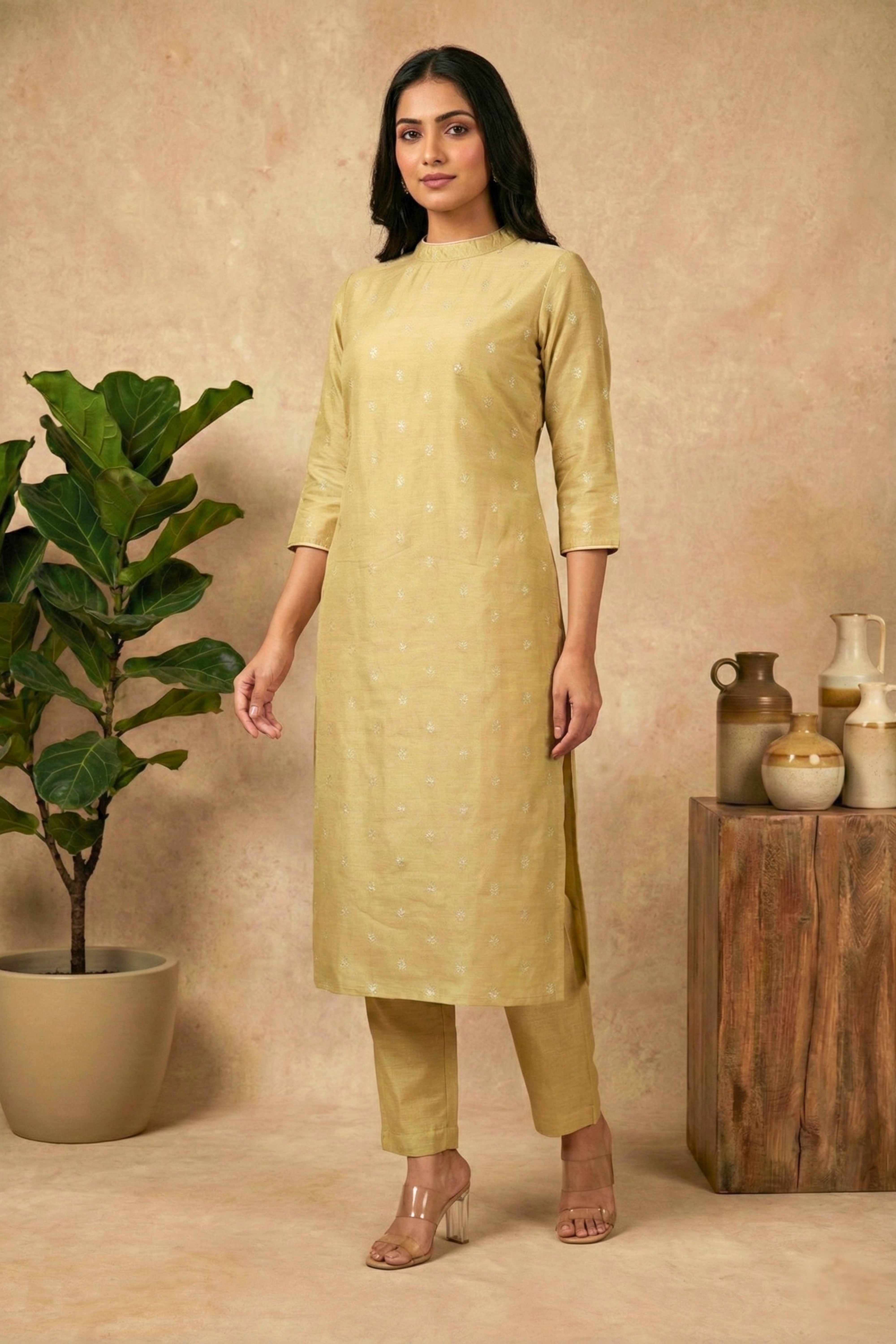 Elegant Golden Mustard Chanderi Unstitched Suit Set
