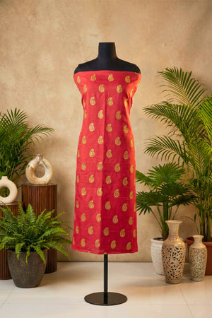 Vibrant Red Chanderi Unstitched Suit Set with Golden Paisley Motifs